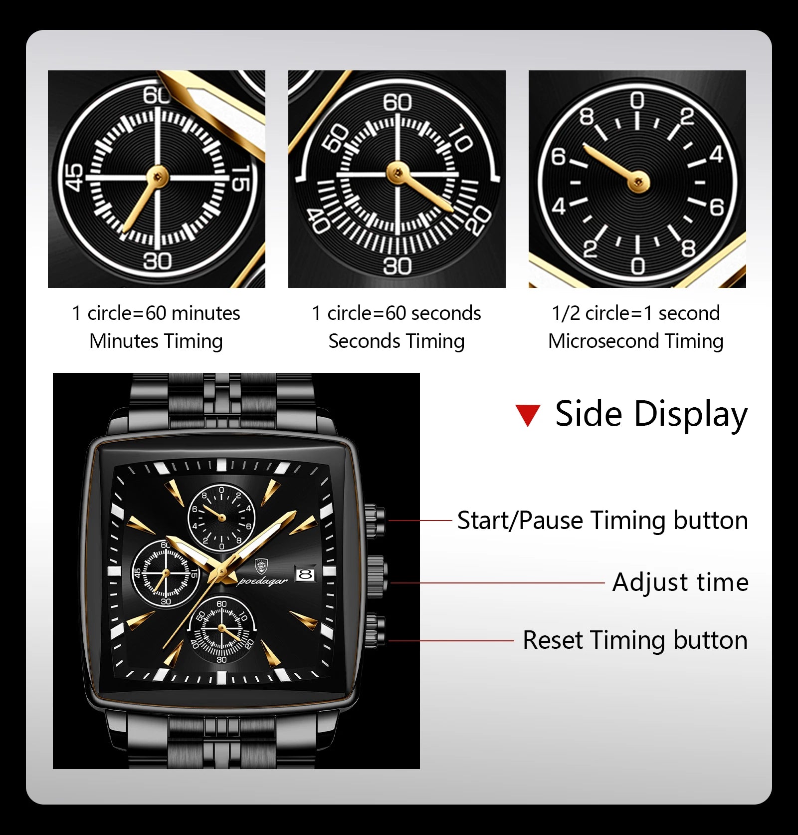 Square Chronograph Watch – Luminous Numberless Dial with Hidden Clasp Bracelet