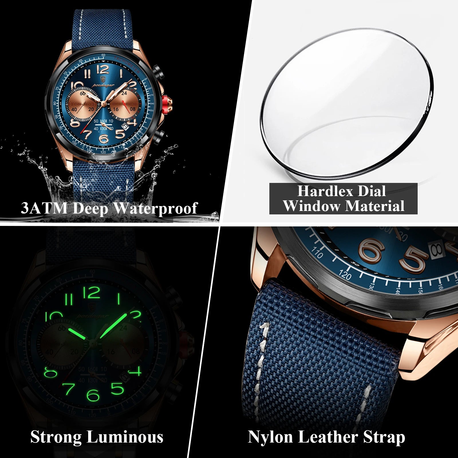 Chronograph Watch with Nylon Strap – Complete Calendar & Luminous Arabic Dial