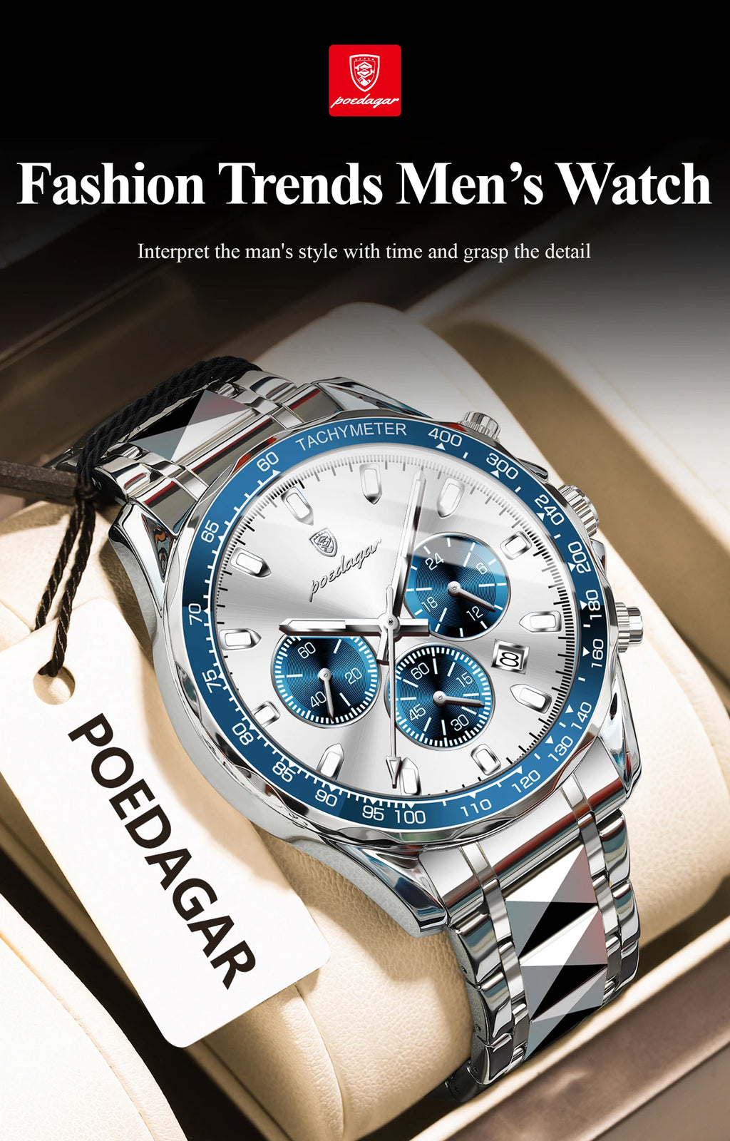 Chronograph Date Watch – Luminous Dial with Hidden Clasp Bracelet