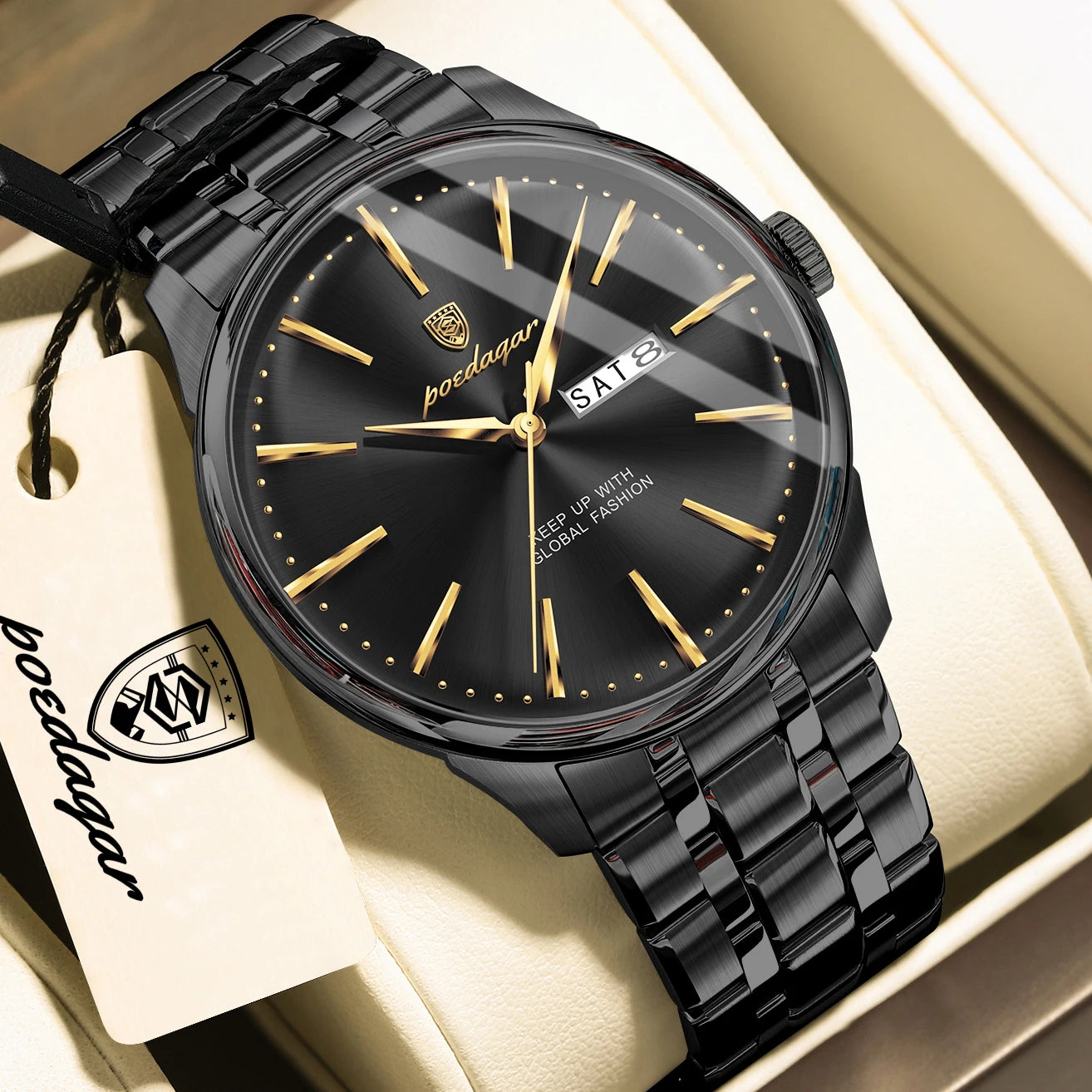 Full Calendar Stainless Steel Watch – Date & Week Display with Hidden Clasp