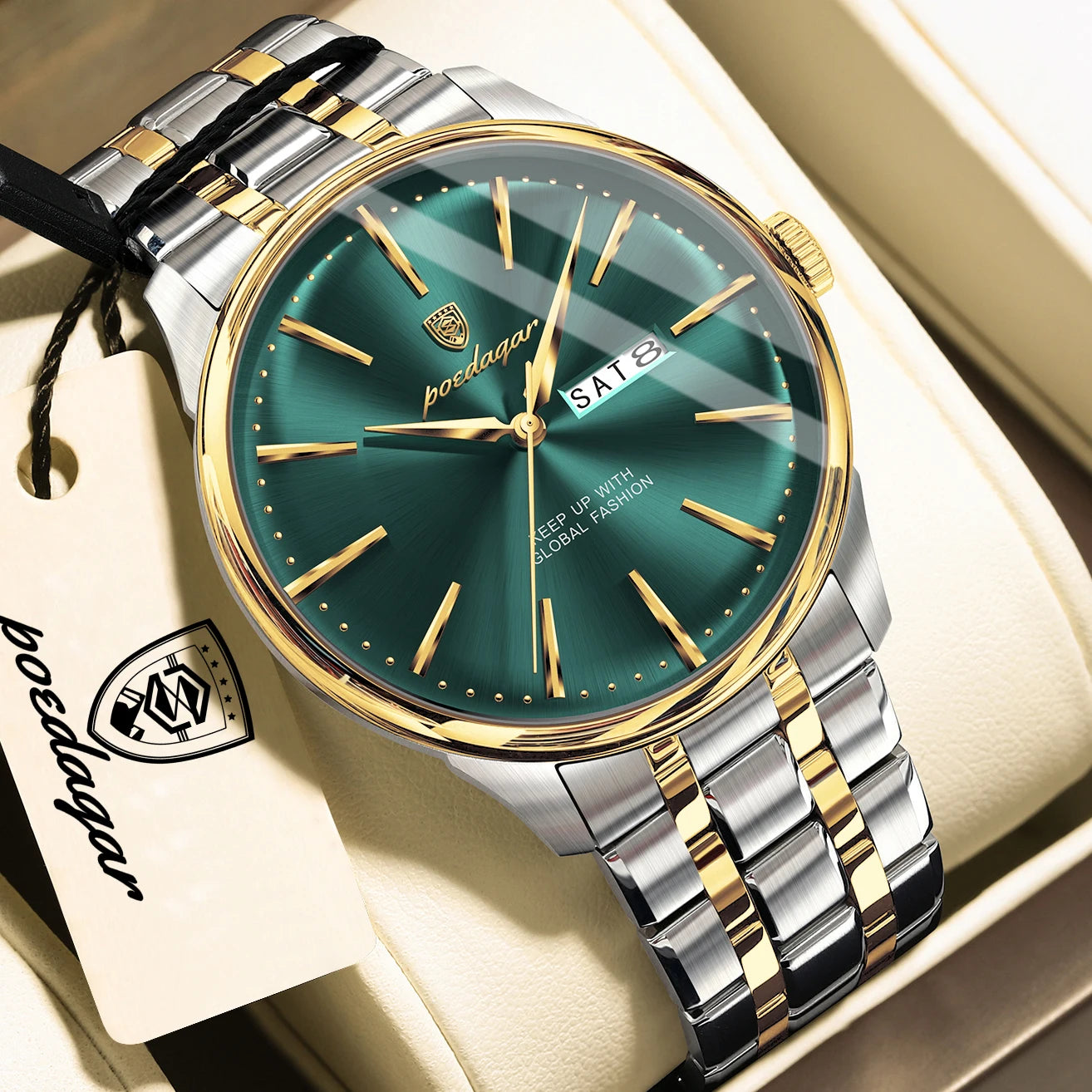 Full Calendar Stainless Steel Watch – Date & Week Display with Hidden Clasp