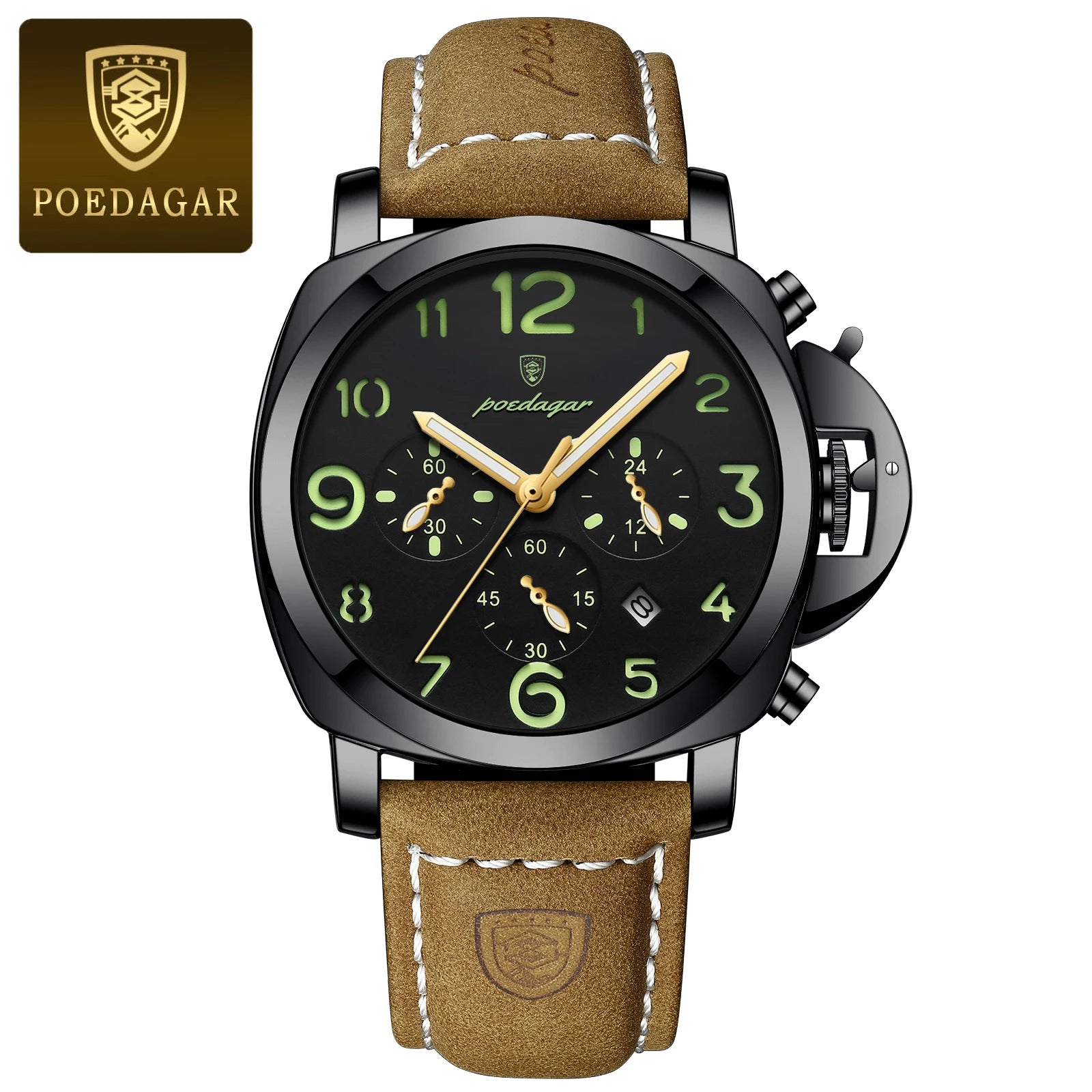 Chronograph Leather Watch – Bold Arabic Dial with Date & Luminous Hands