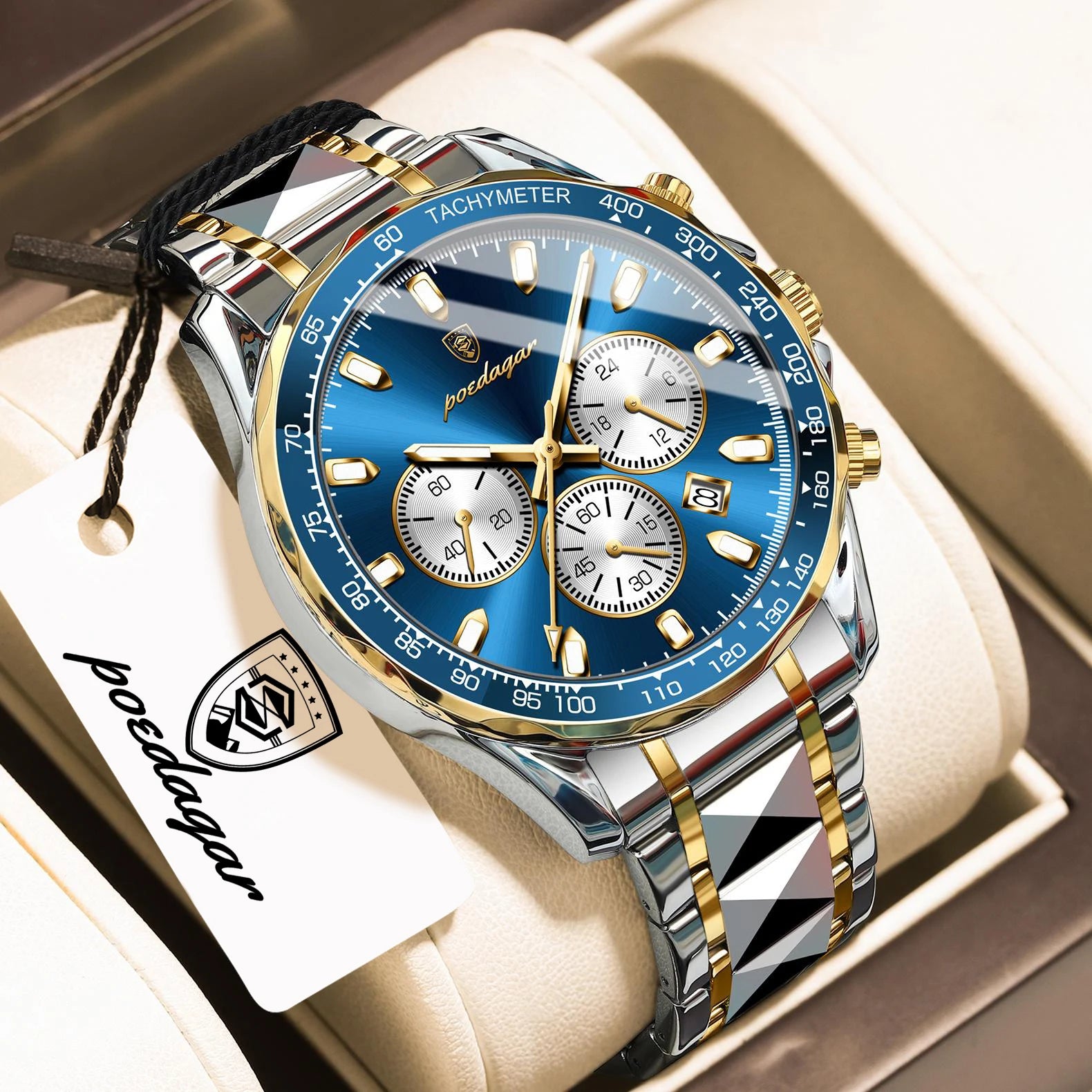 Chronograph Date Watch – Luminous Dial with Hidden Clasp Bracelet