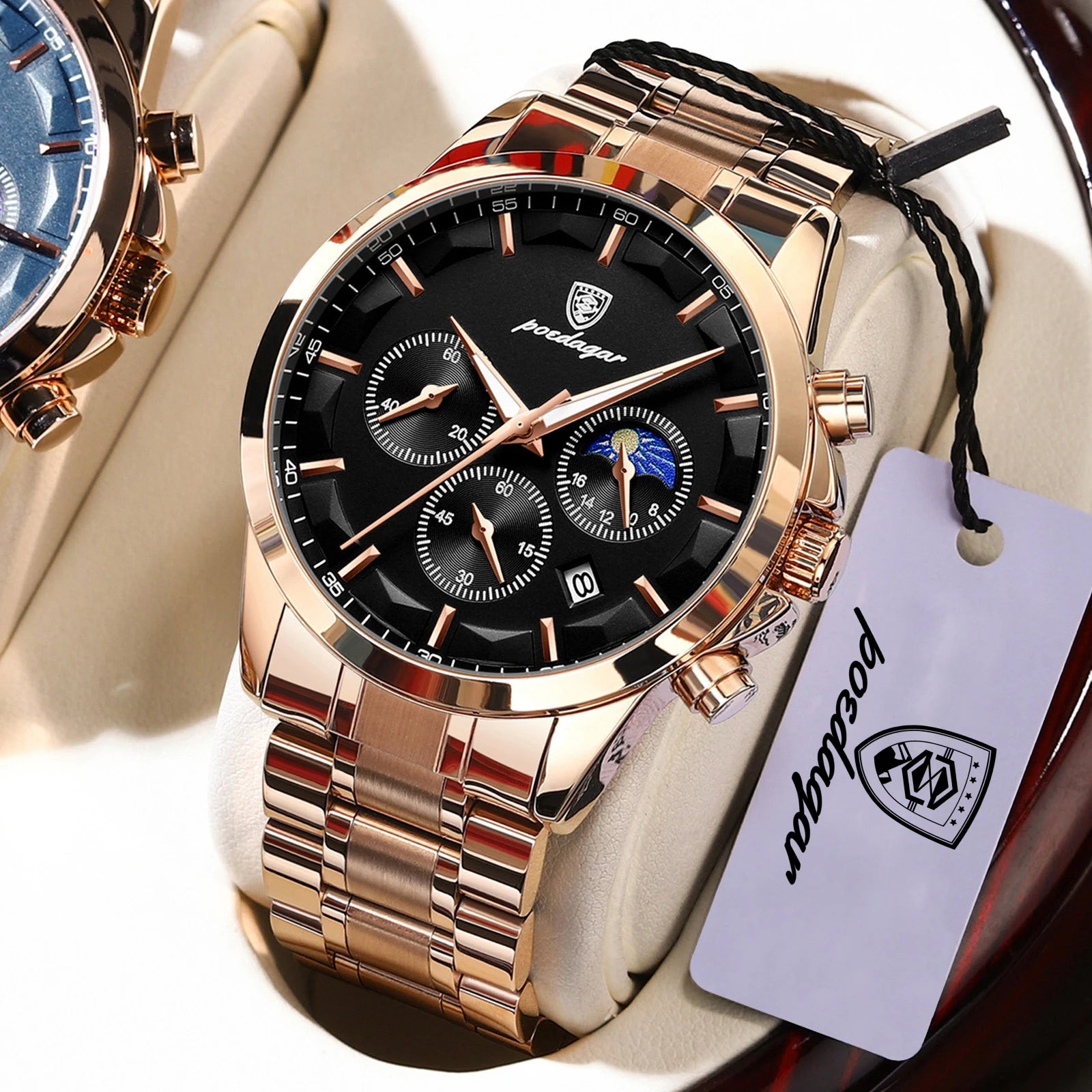 Chronograph Date Watch – Luminous Numberless Dial with Bracelet Clasp