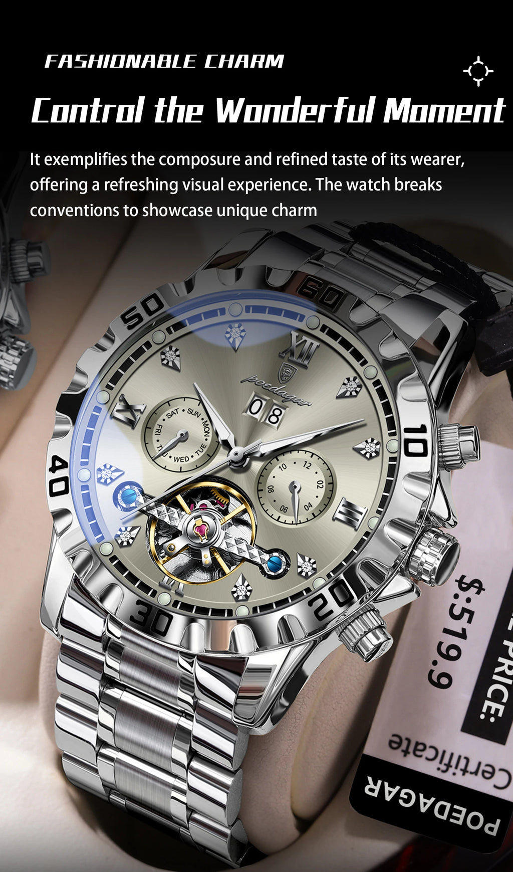 Automatic Tourbillon Style Watch – Sapphire Crystal with Week Display & Hidden Clasp