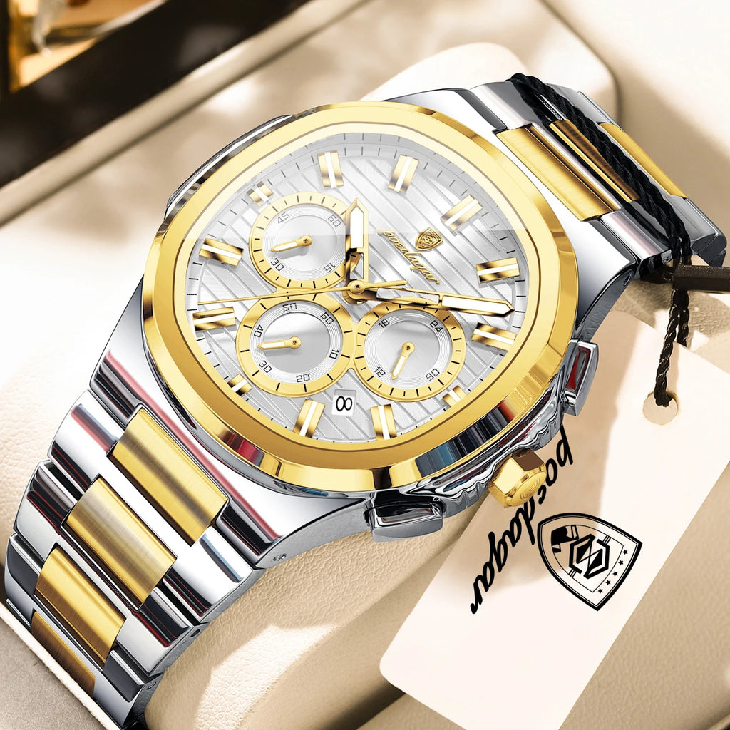 Square Chronograph Watch – Large Numberless Dial with Hidden Clasp Bracelet