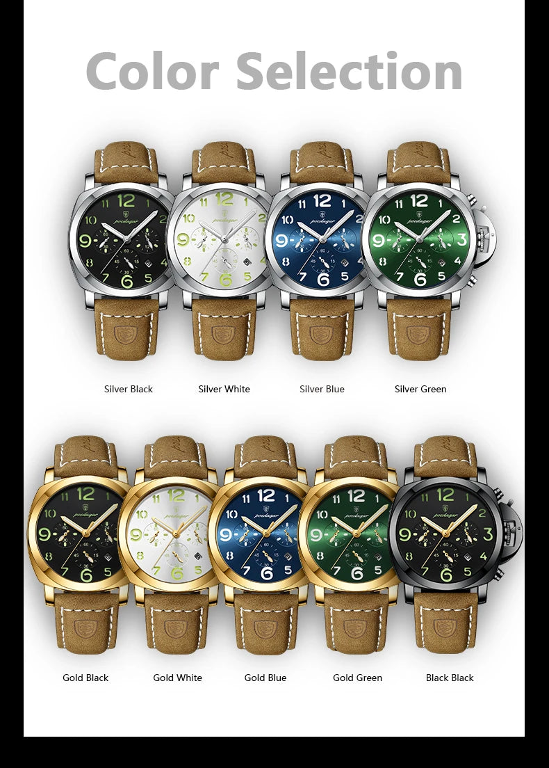 Chronograph Leather Watch – Bold Arabic Dial with Date & Luminous Hands