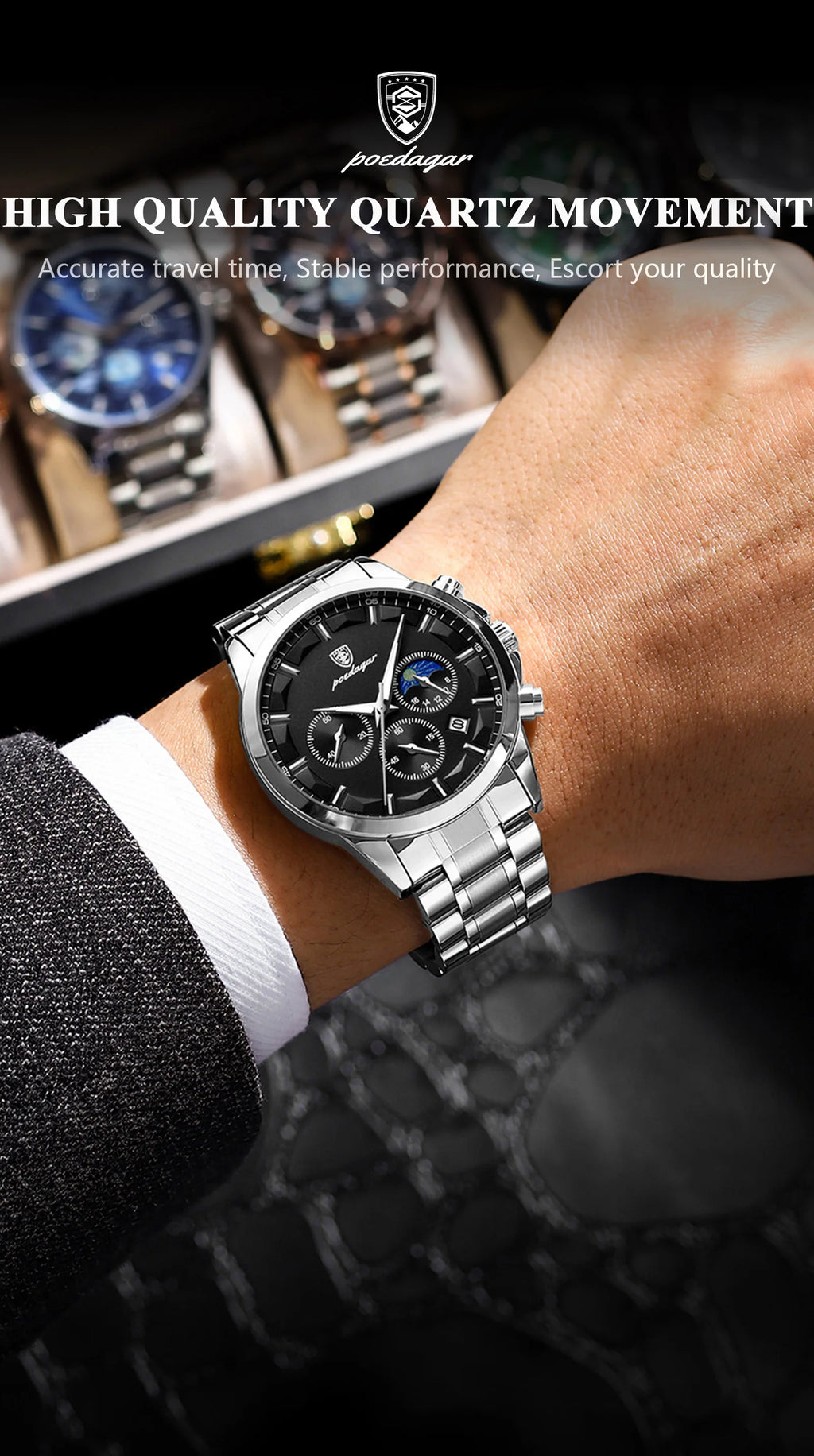 Chronograph Date Watch – Luminous Numberless Dial with Bracelet Clasp