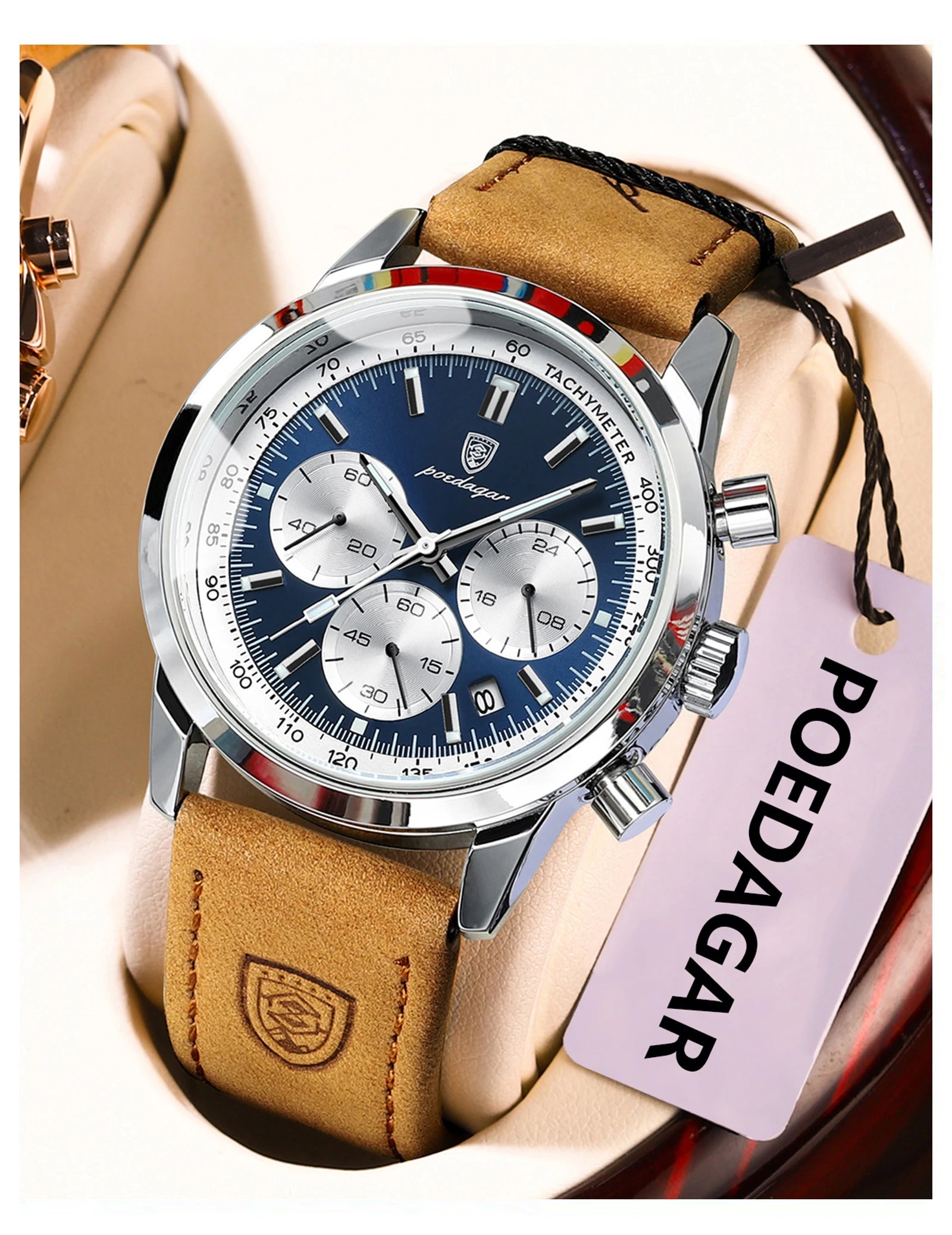 Chronograph Leather Watch – Luminous Numberless Dial with Date