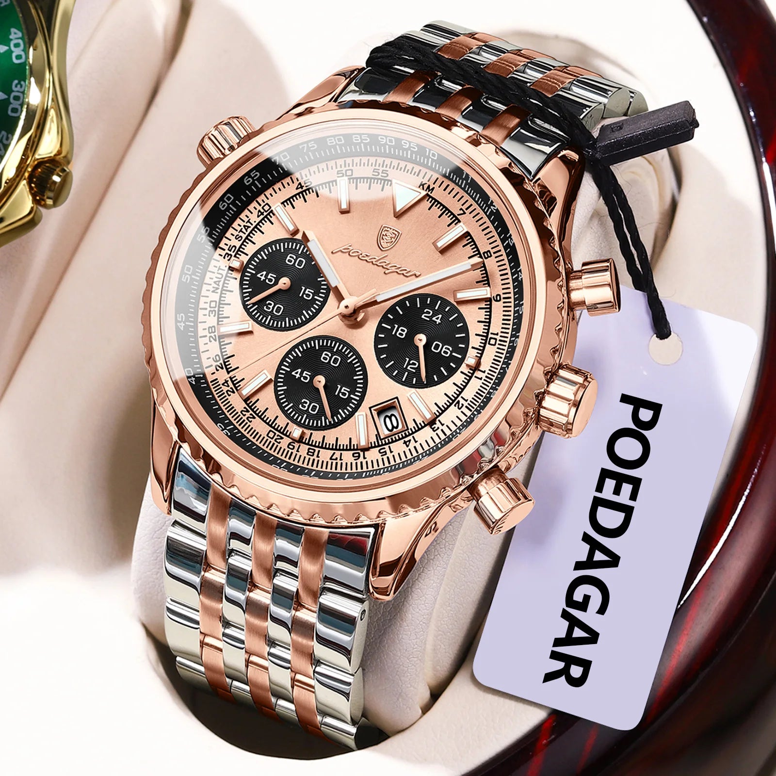 Chronograph Date Watch – Luminous Numberless Dial with Hidden Clasp Bracelet