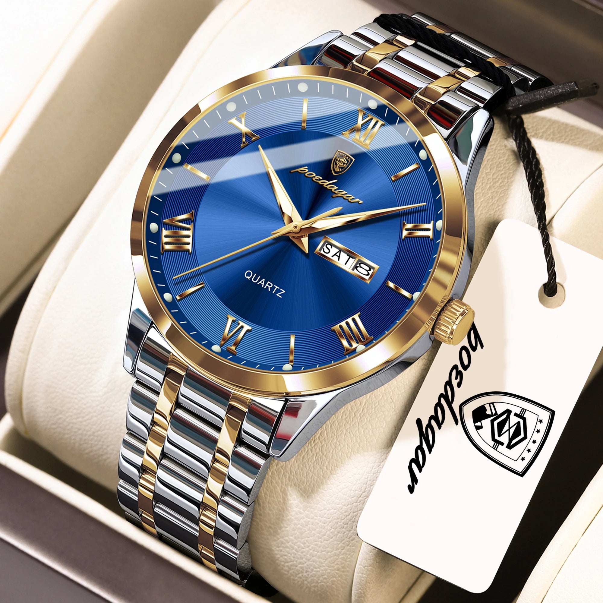 Full Calendar Stainless Steel Watch – Luminous Dial with Date, Week & Hidden Clasp
