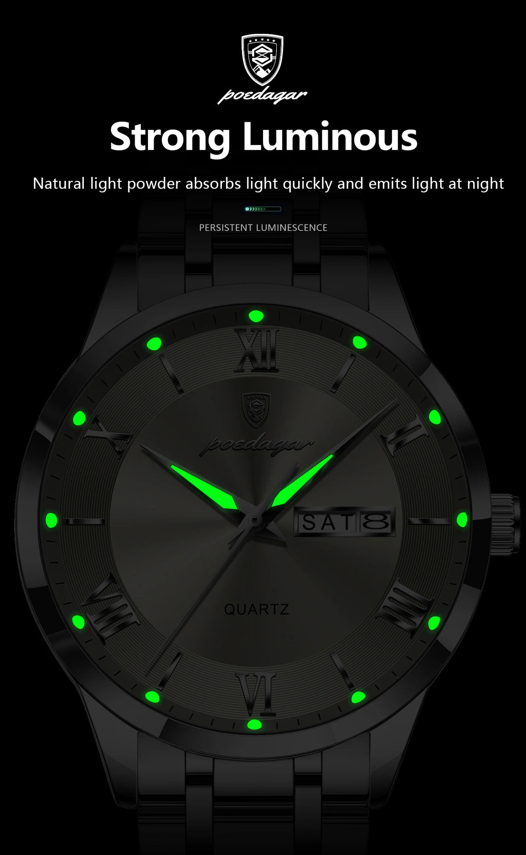 Roman Numeral Full Calendar Watch – Luminous Dial with Date, Week & Hidden Clasp