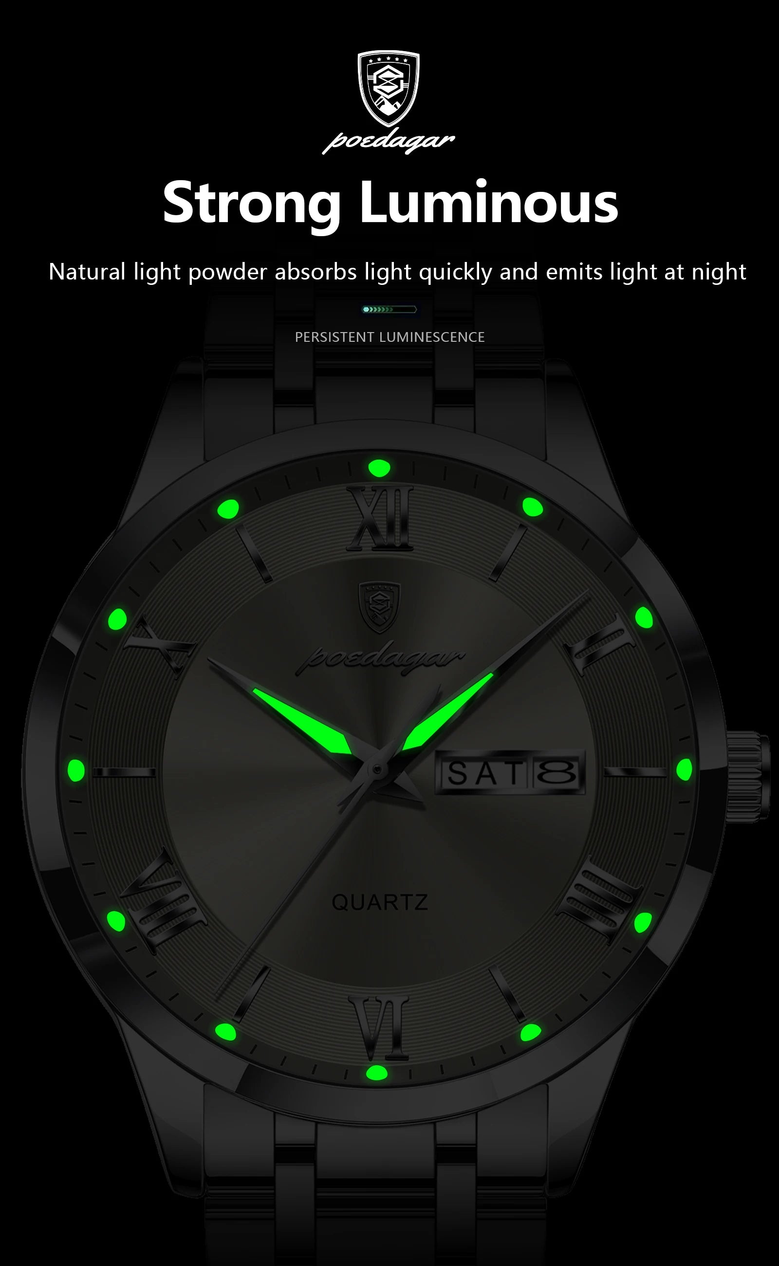 Roman Numeral Full Calendar Watch – Luminous Dial with Date, Week & Hidden Clasp