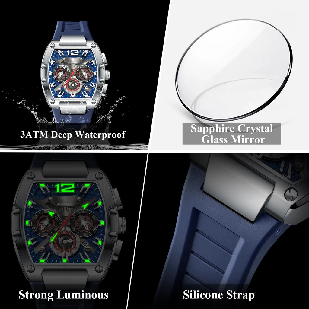 Bold Tonneau Timepiece – Luminous Chronograph with Premium Silicone Strap