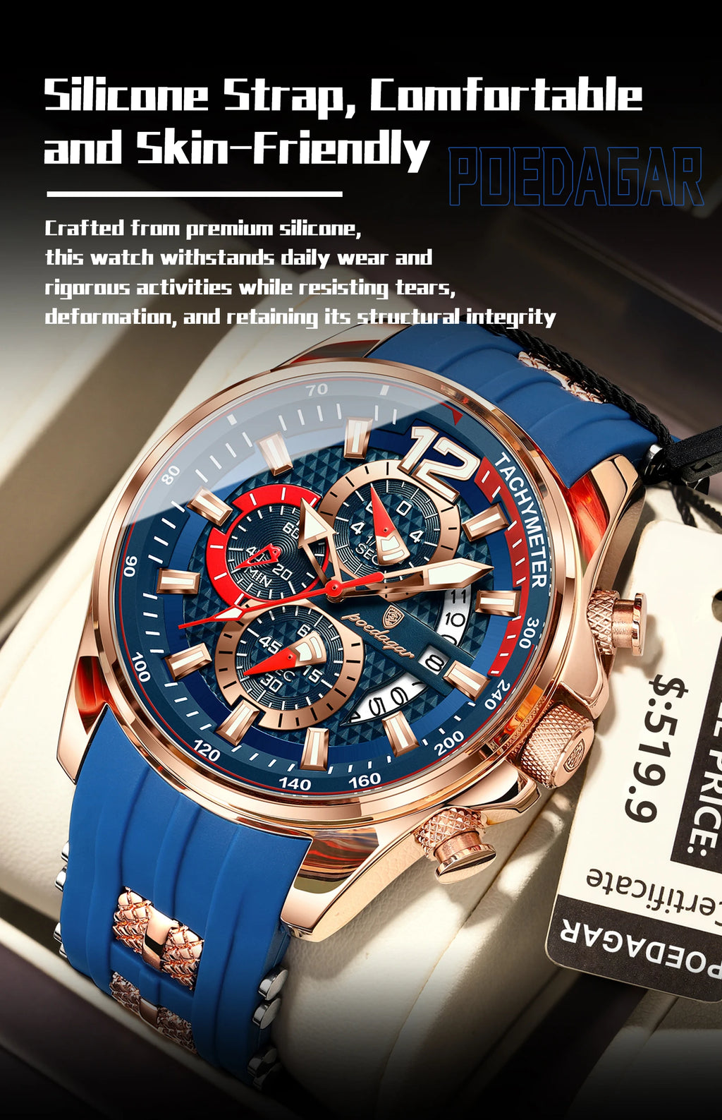 Chronograph Sport Watch – Large Arabic Dial with Silicone Strap & Full Calendar