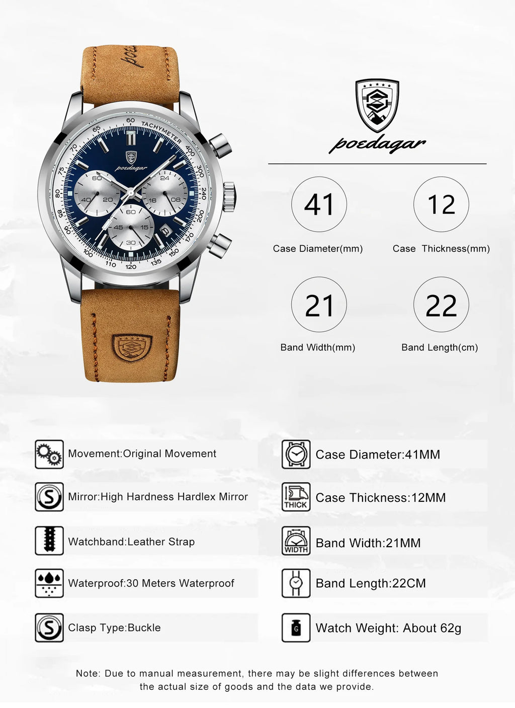 Chronograph Leather Watch – Luminous Numberless Dial with Date