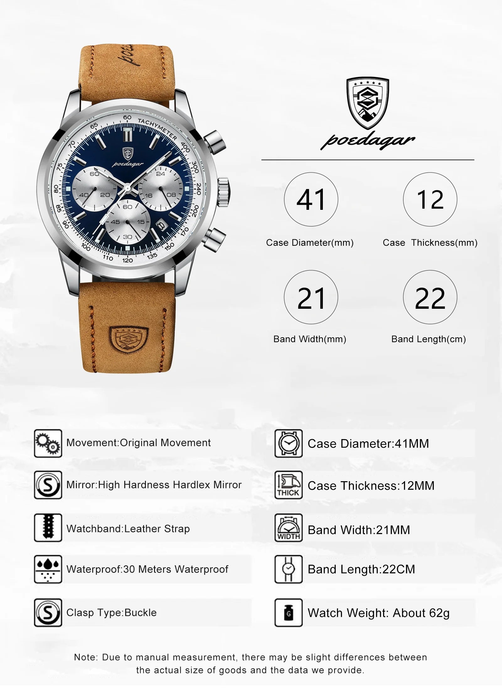 Chronograph Leather Watch – Luminous Numberless Dial with Date