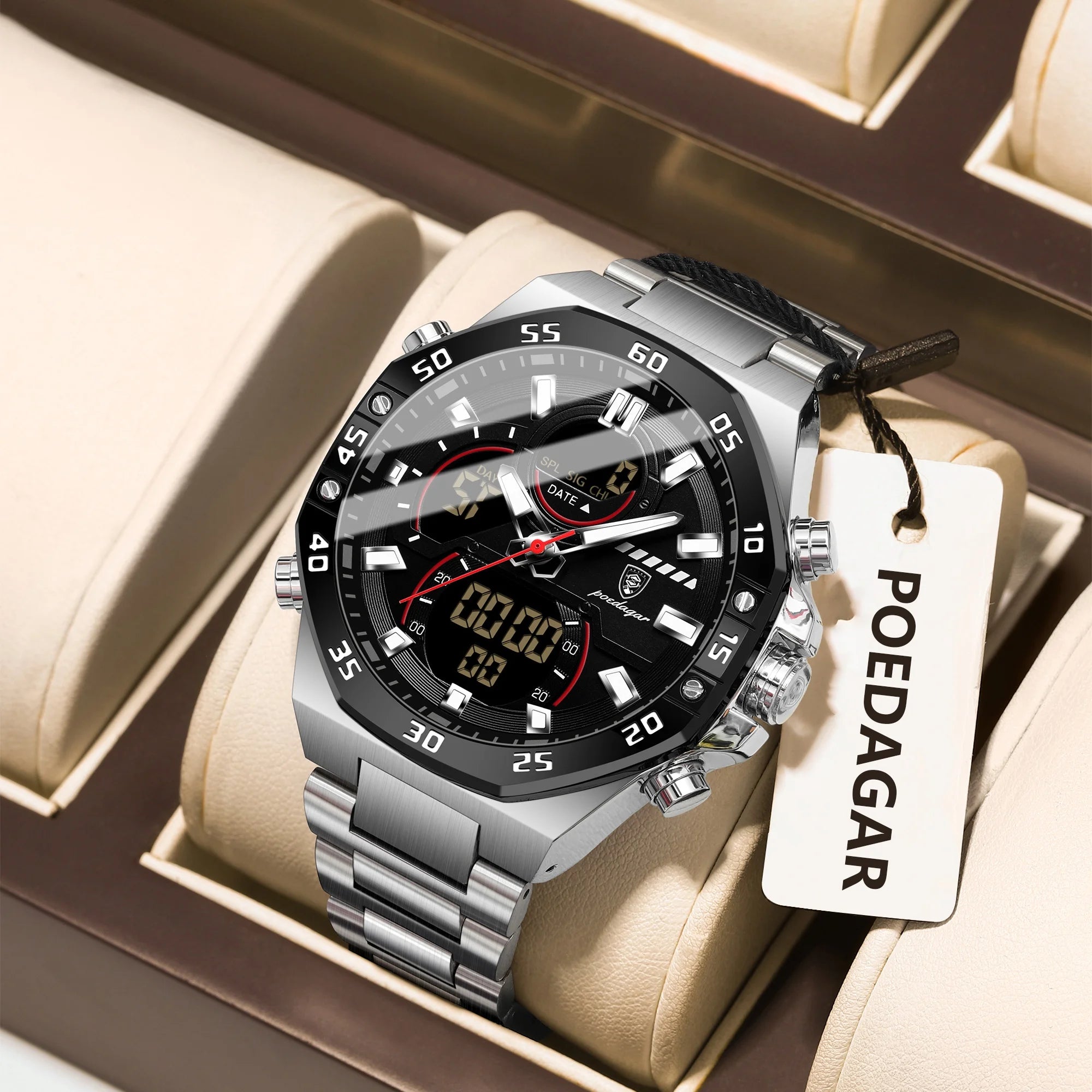 LED Analog-Digital Chronograph Watch – Full Calendar with Alarm & Bracelet