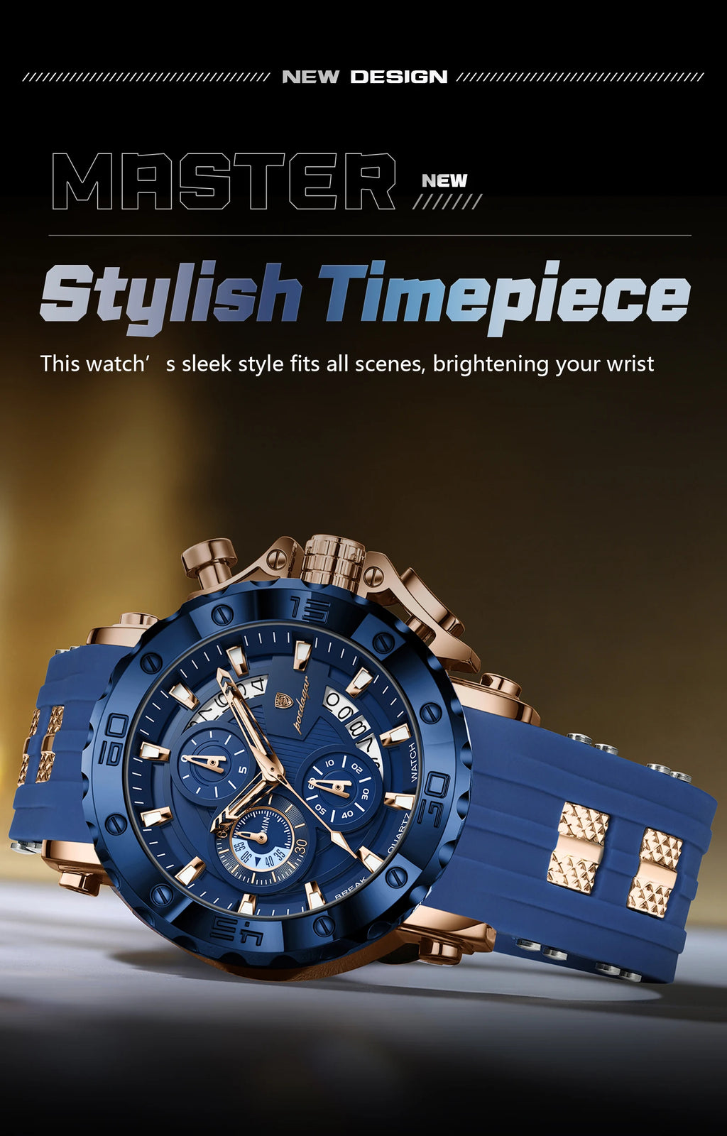 Large Chronograph Sport Watch – Full Calendar with Silicone Strap & Luminous Dial