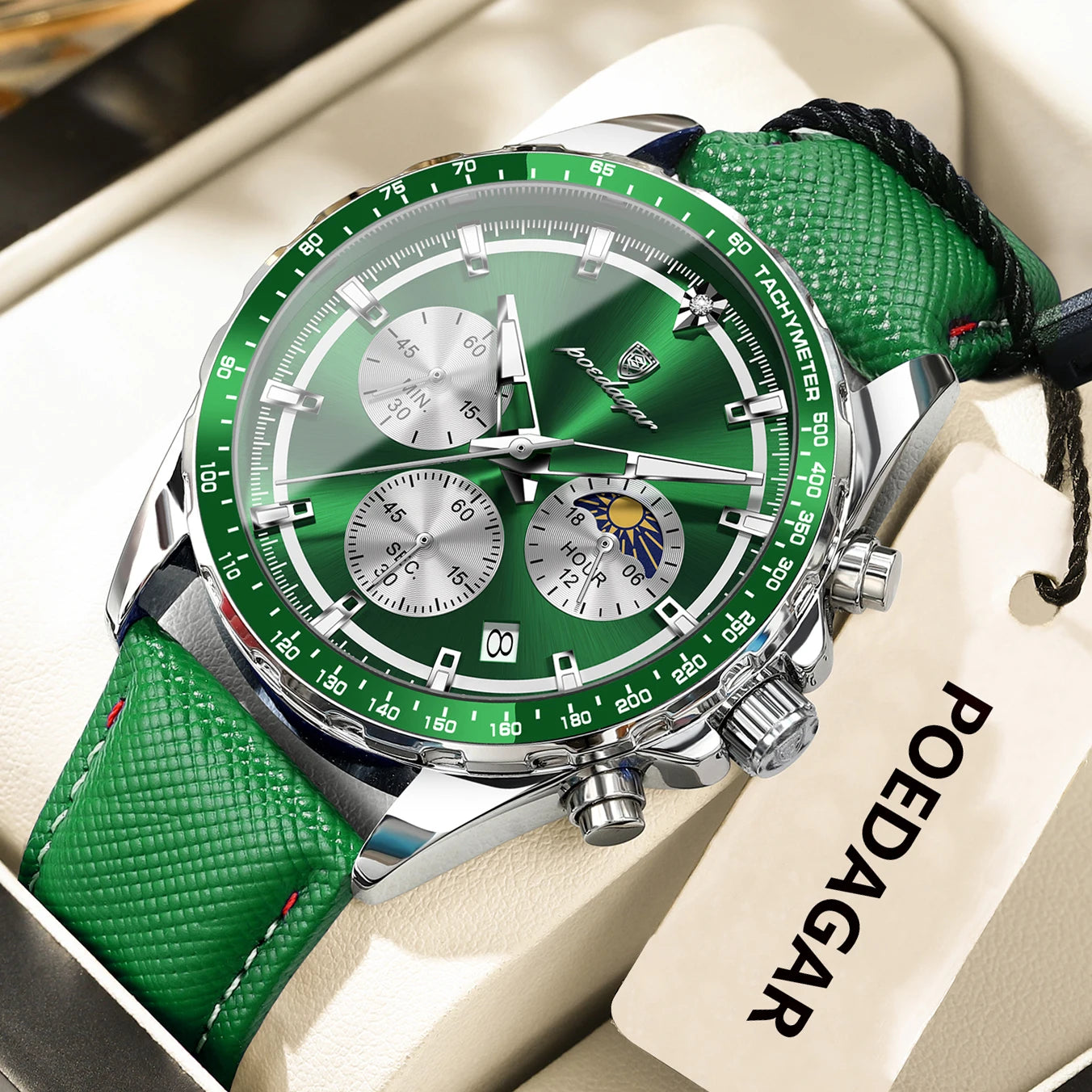 Premium Leather Chronograph Watch – Luminous Dial, Date Display, Quartz Movement