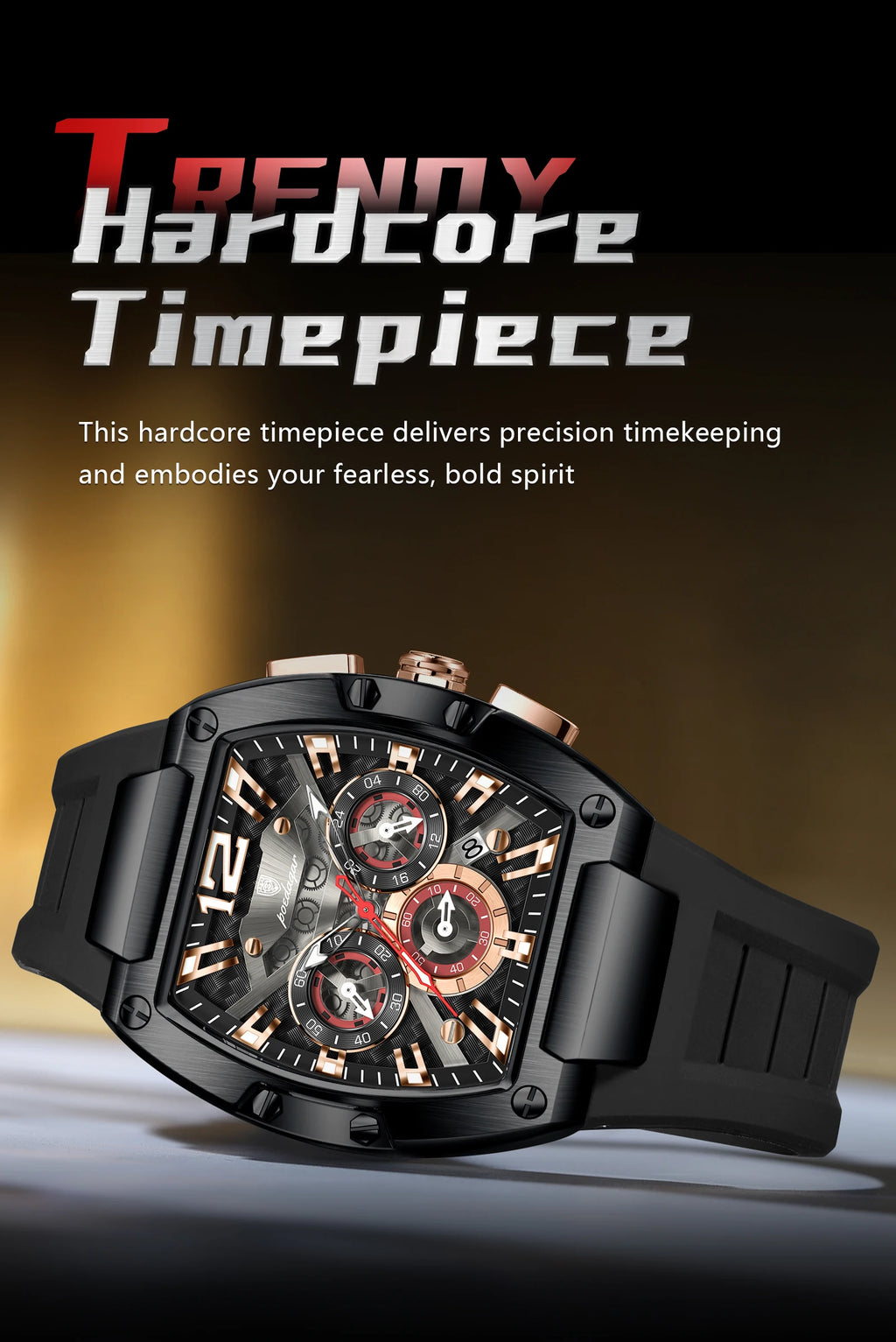 Tonneau Chronograph Watch – Roman Numeral Dial with Sapphire Crystal & Silicone Strap