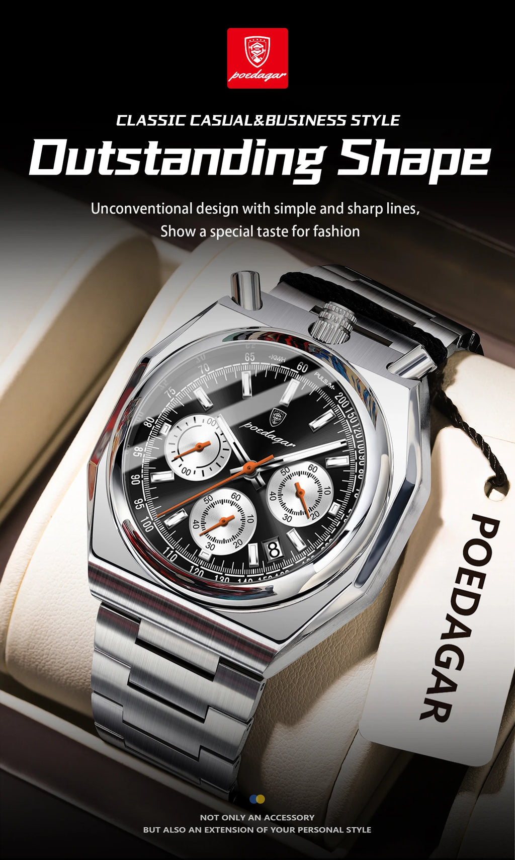 Irregular Chronograph Watch – Bold Numberless Dial with Hidden Clasp Bracelet