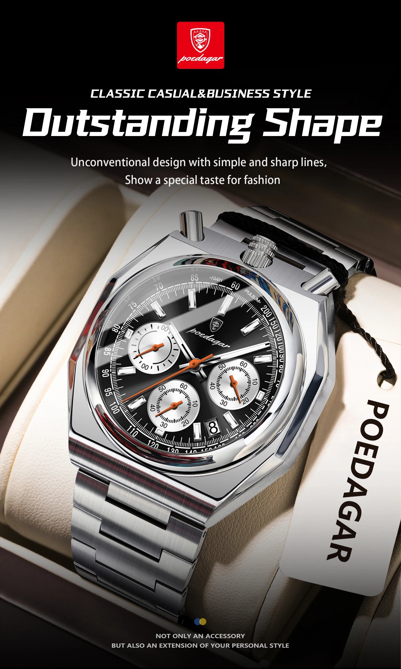 Irregular Chronograph Watch – Bold Numberless Dial with Hidden Clasp Bracelet