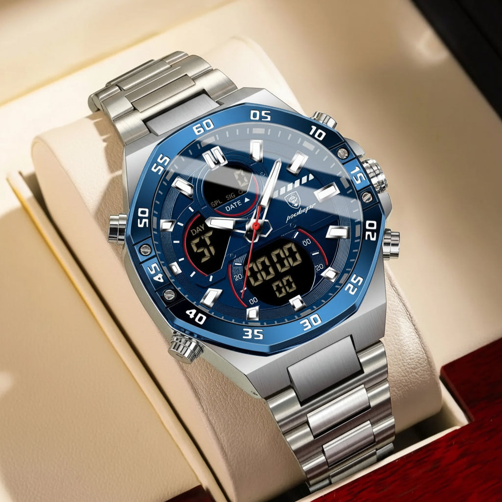 LED Analog-Digital Chronograph Watch – Full Calendar with Alarm & Bracelet