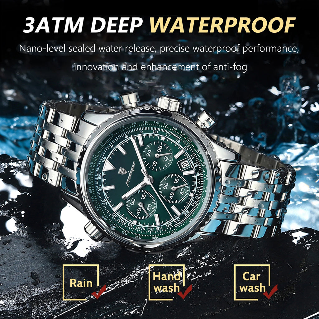 Chronograph Date Watch – Luminous Numberless Dial with Hidden Clasp Bracelet