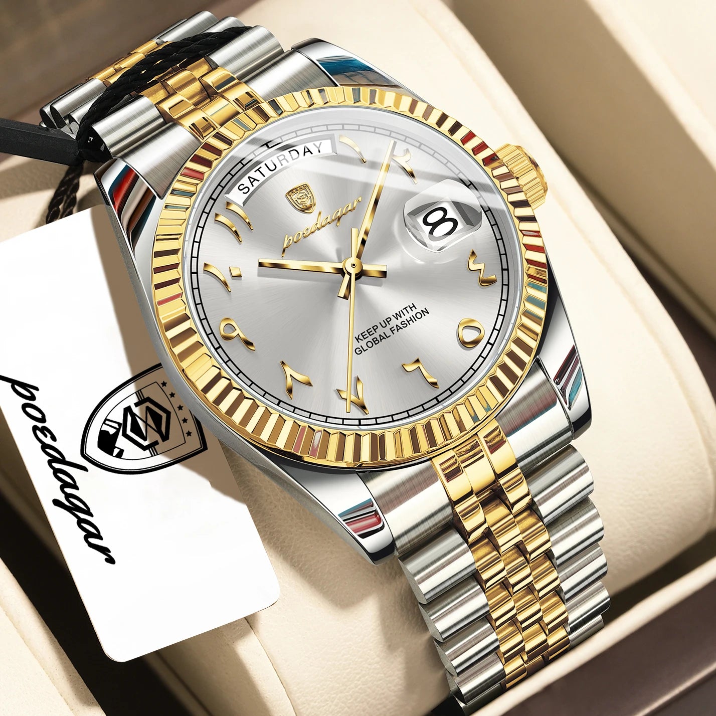 Full Calendar Slim Watch – Date & Week Display with Hidden Clasp Bracelet