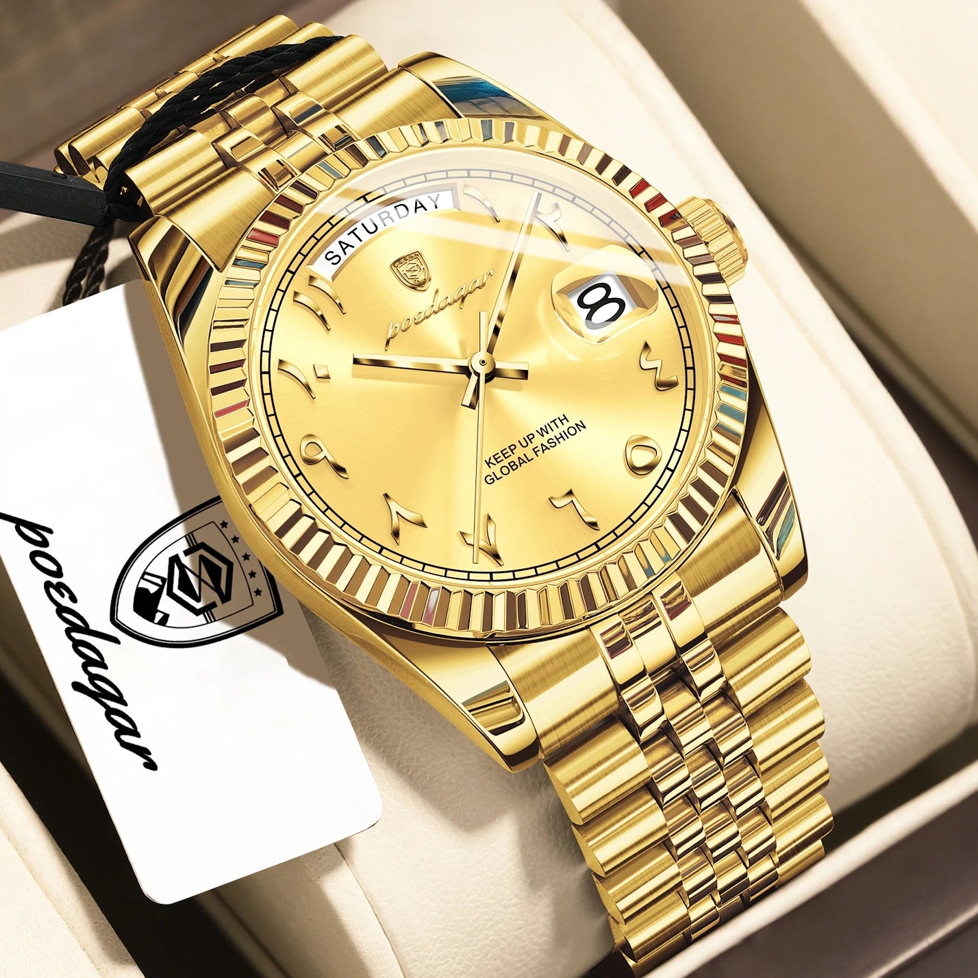 Full Calendar Slim Watch – Date & Week Display with Hidden Clasp Bracelet