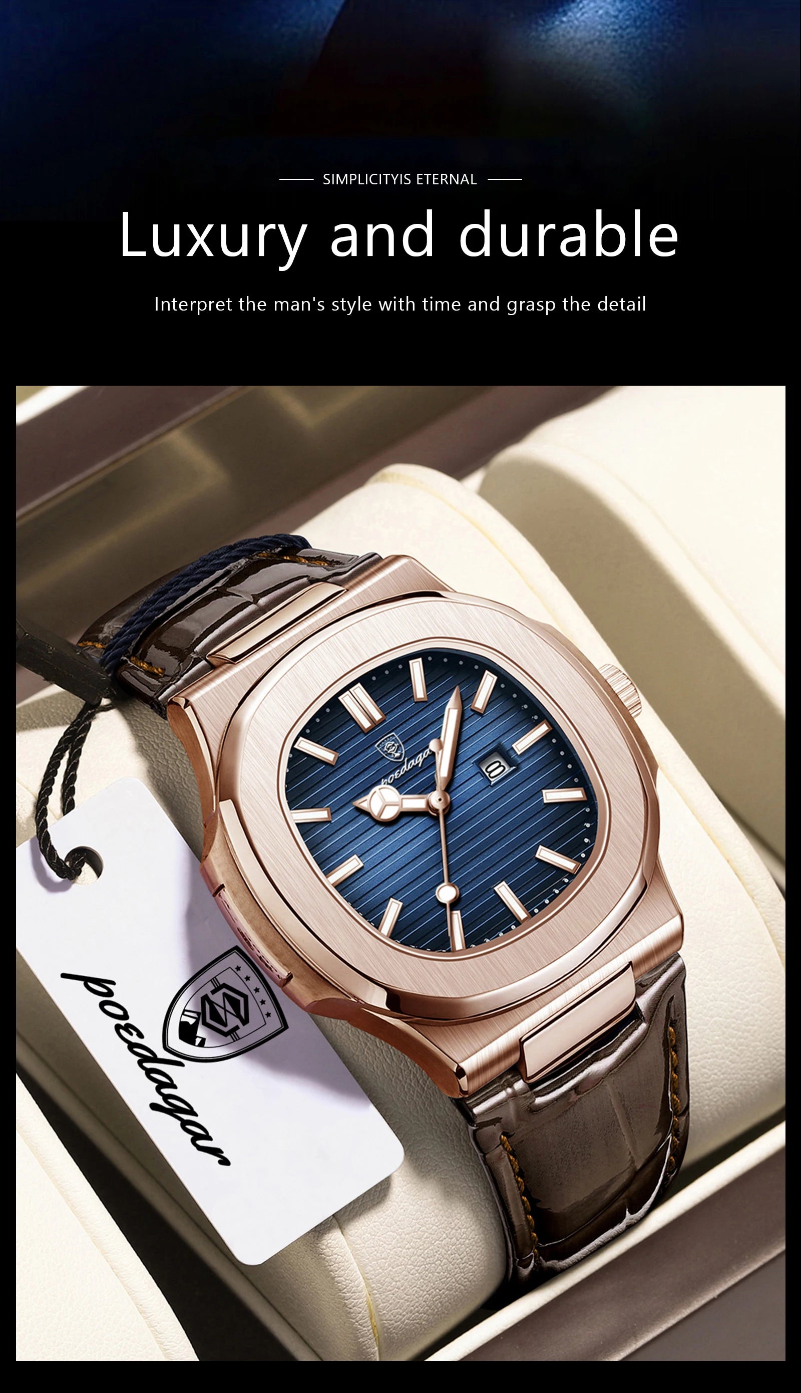 Square Leather Watch – Luminous Dial with Date & Classic Buckle