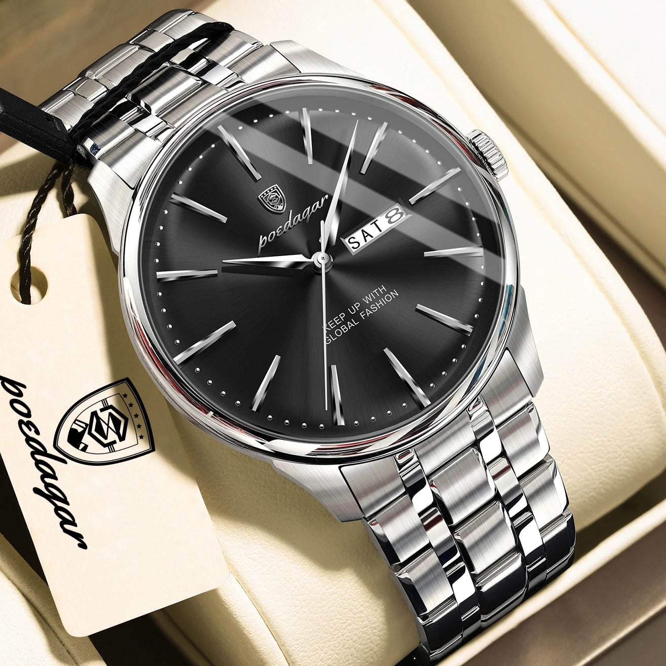 Full Calendar Stainless Steel Watch – Date & Week Display with Hidden Clasp