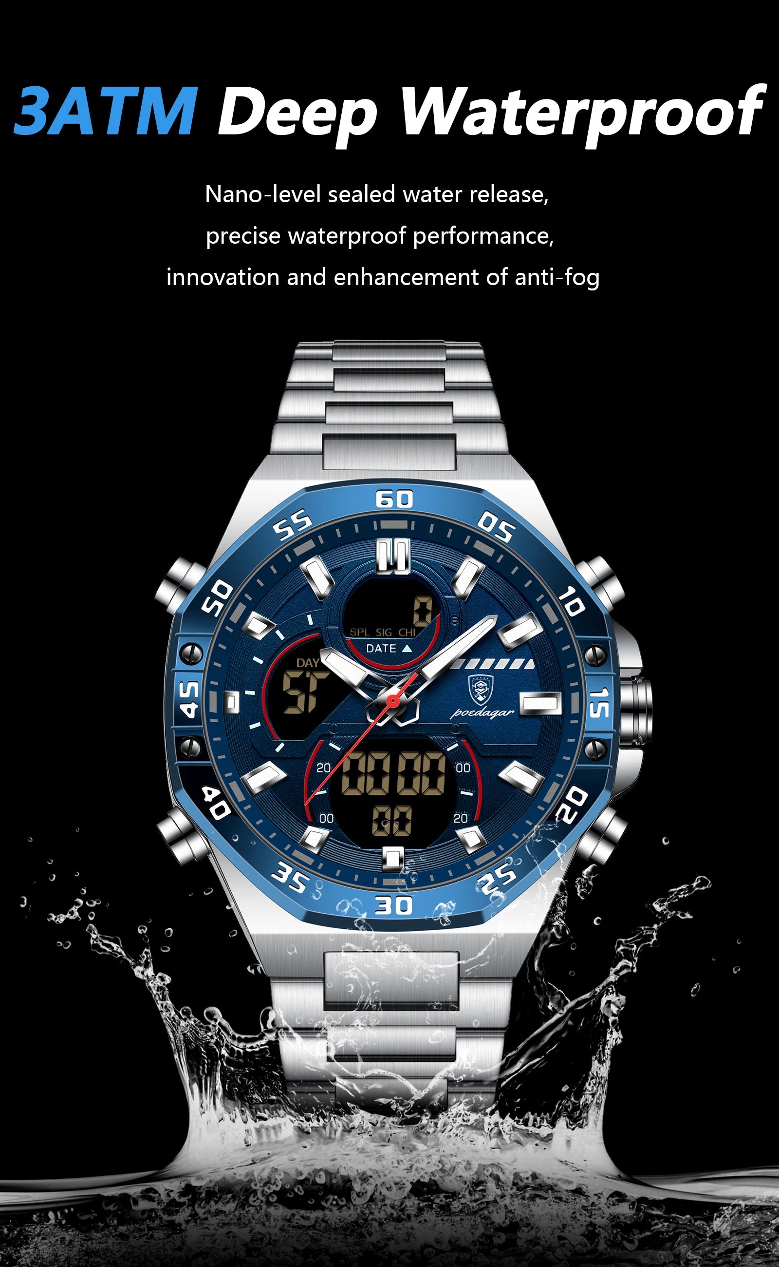 LED Analog-Digital Chronograph Watch – Full Calendar with Alarm & Bracelet
