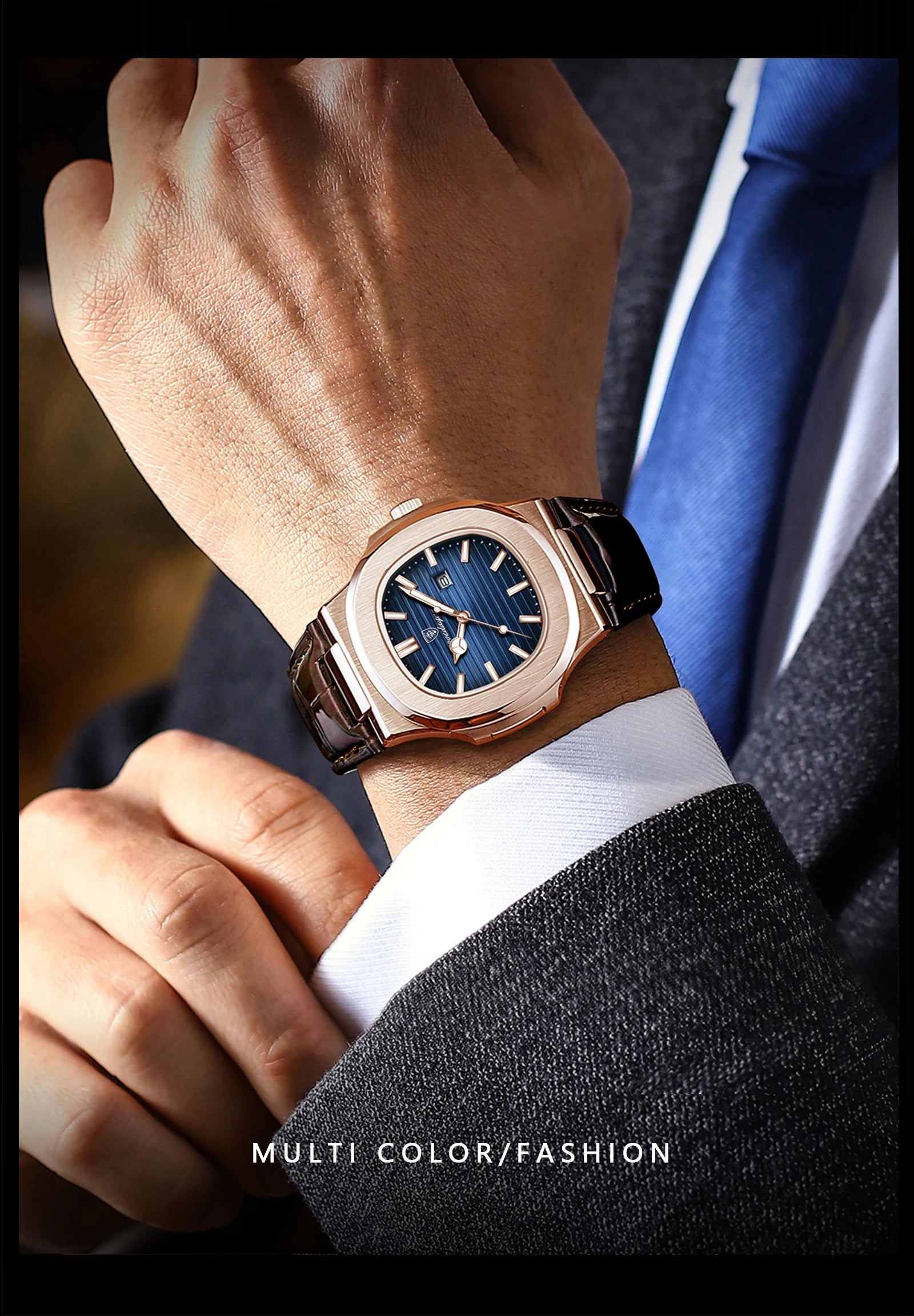 Square Leather Watch – Luminous Dial with Date & Classic Buckle