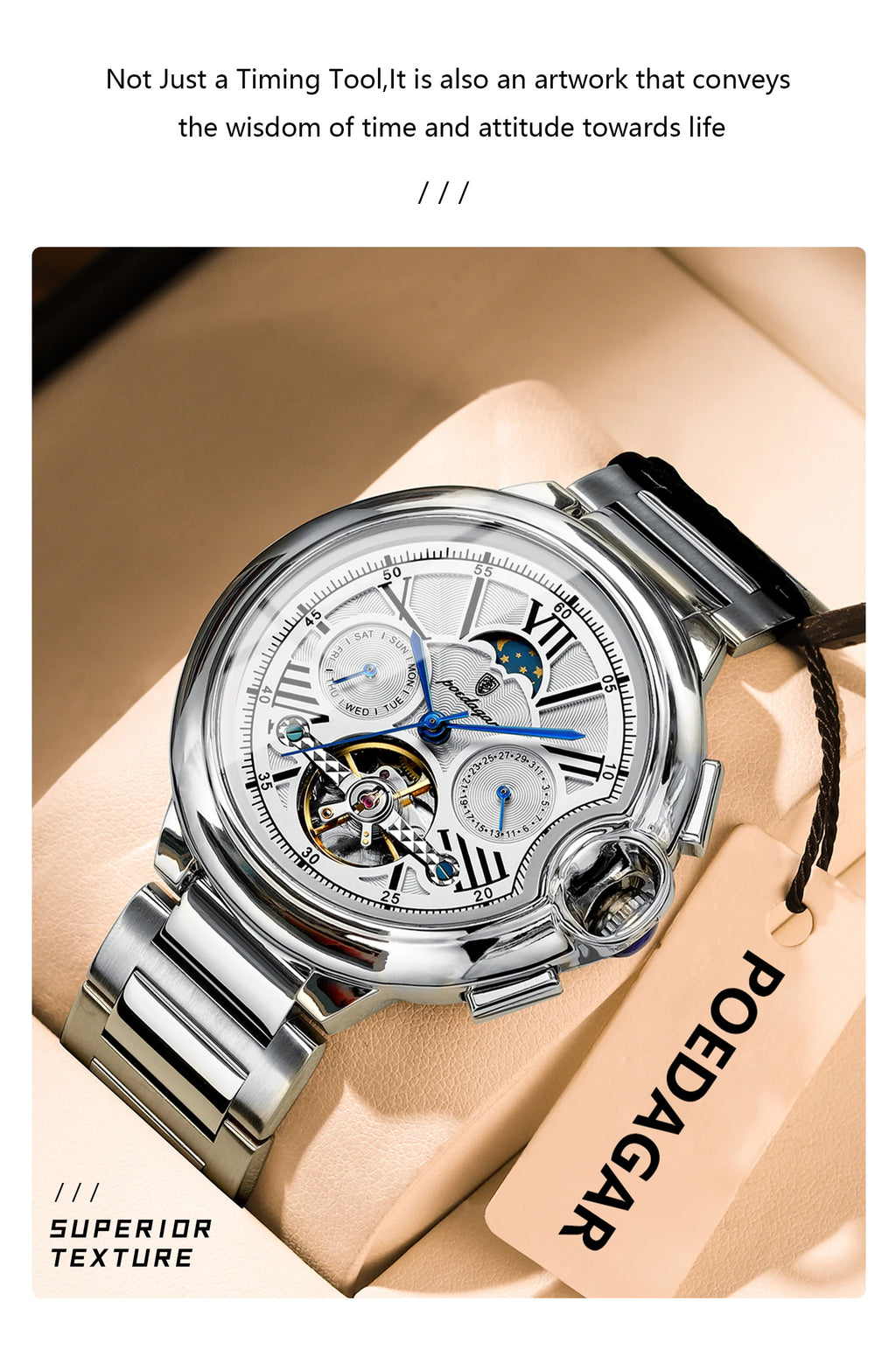 Automatic Skeleton Watch – Tourbillon Style with Moon Phase & Full Calendar