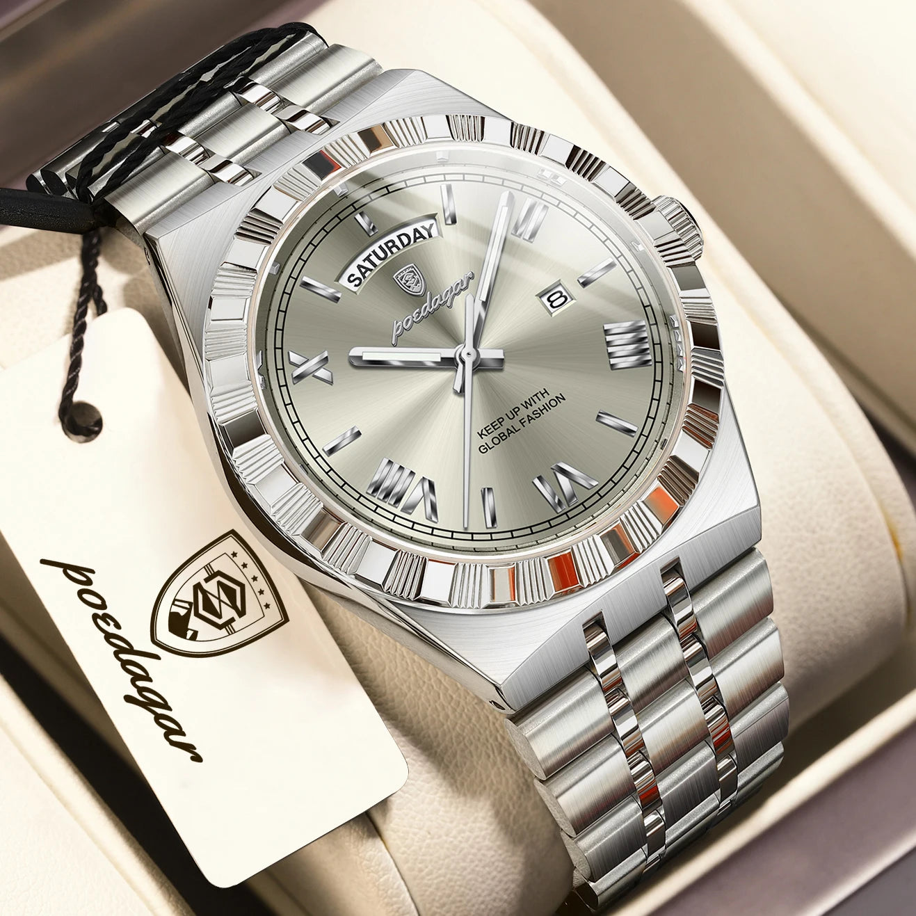 Luxury Business Chronograph – Day, Date, Luminous Dial, Steel Bracelet