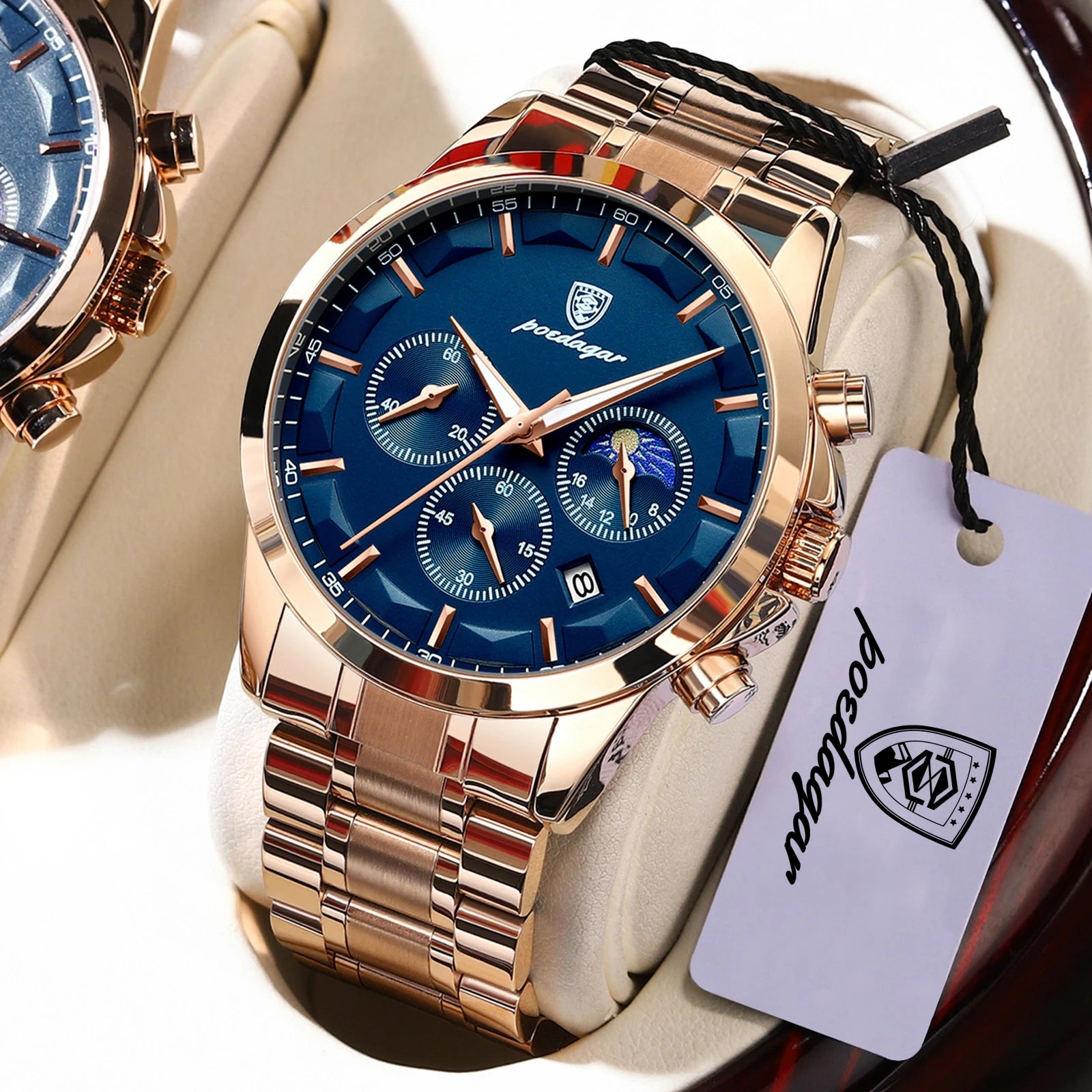 Chronograph Date Watch – Luminous Numberless Dial with Bracelet Clasp