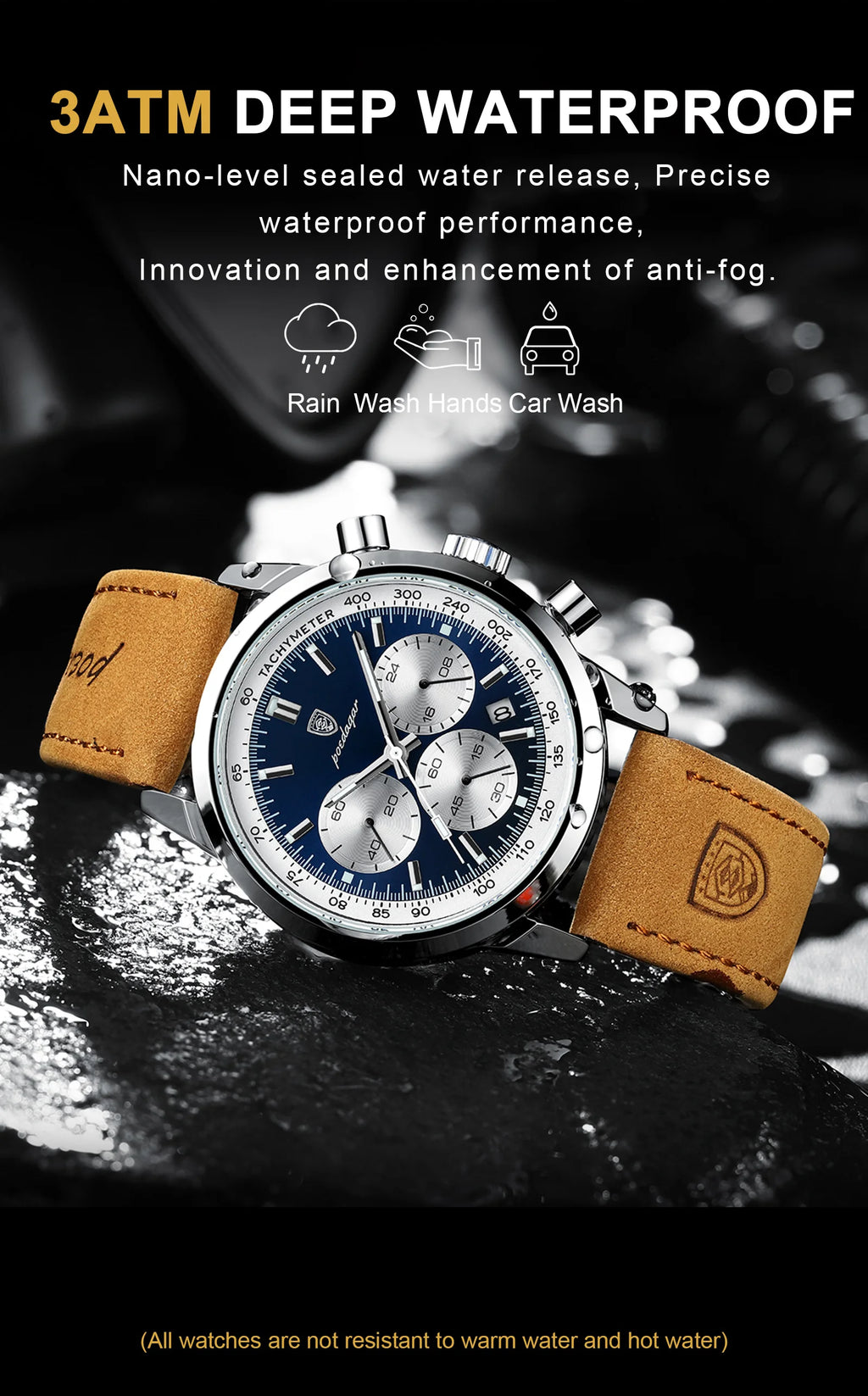 Chronograph Leather Watch – Luminous Numberless Dial with Date
