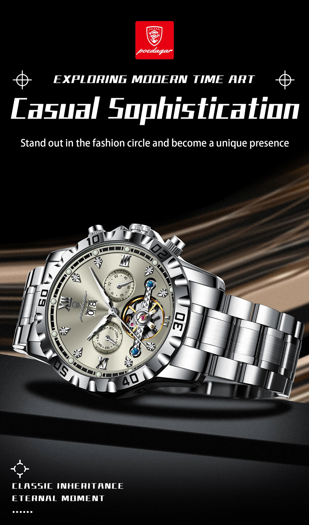 Automatic Tourbillon Style Watch – Sapphire Crystal with Week Display & Hidden Clasp