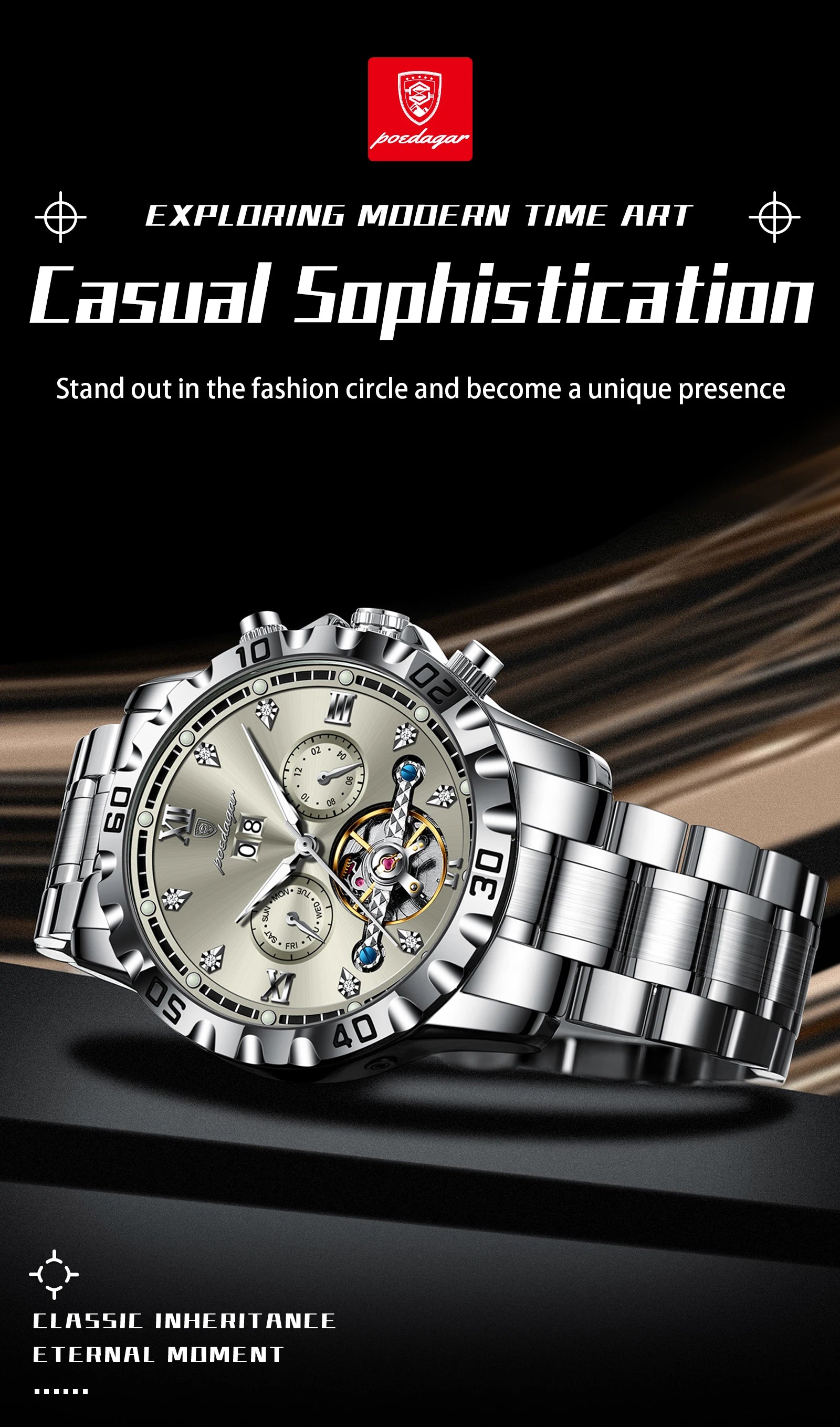 Automatic Tourbillon Style Watch – Sapphire Crystal with Week Display & Hidden Clasp