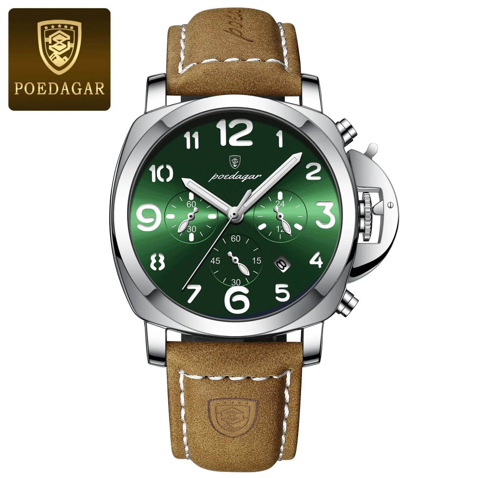 Military Style Chronograph Watch – Luminous Leather Strap with Date
