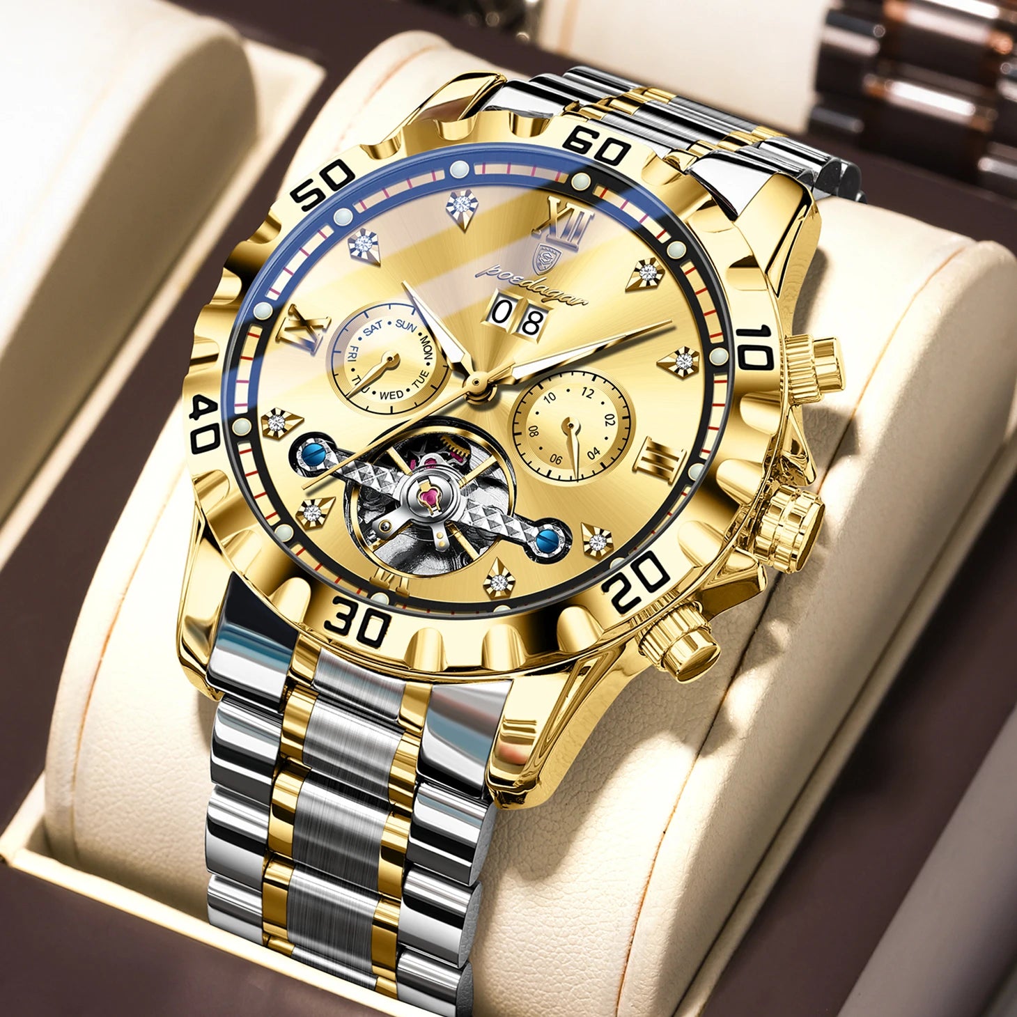 Automatic Tourbillon Style Watch – Sapphire Crystal with Week Display & Hidden Clasp