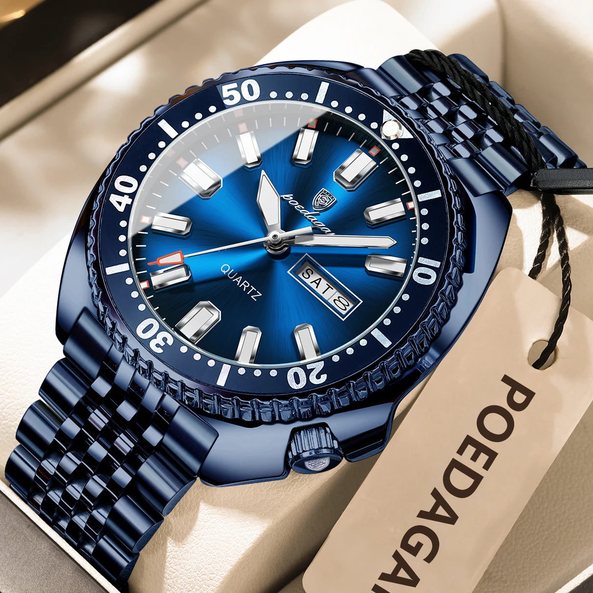 Large Full Calendar Watch – Luminous Dial with Hidden Clasp Bracelet
