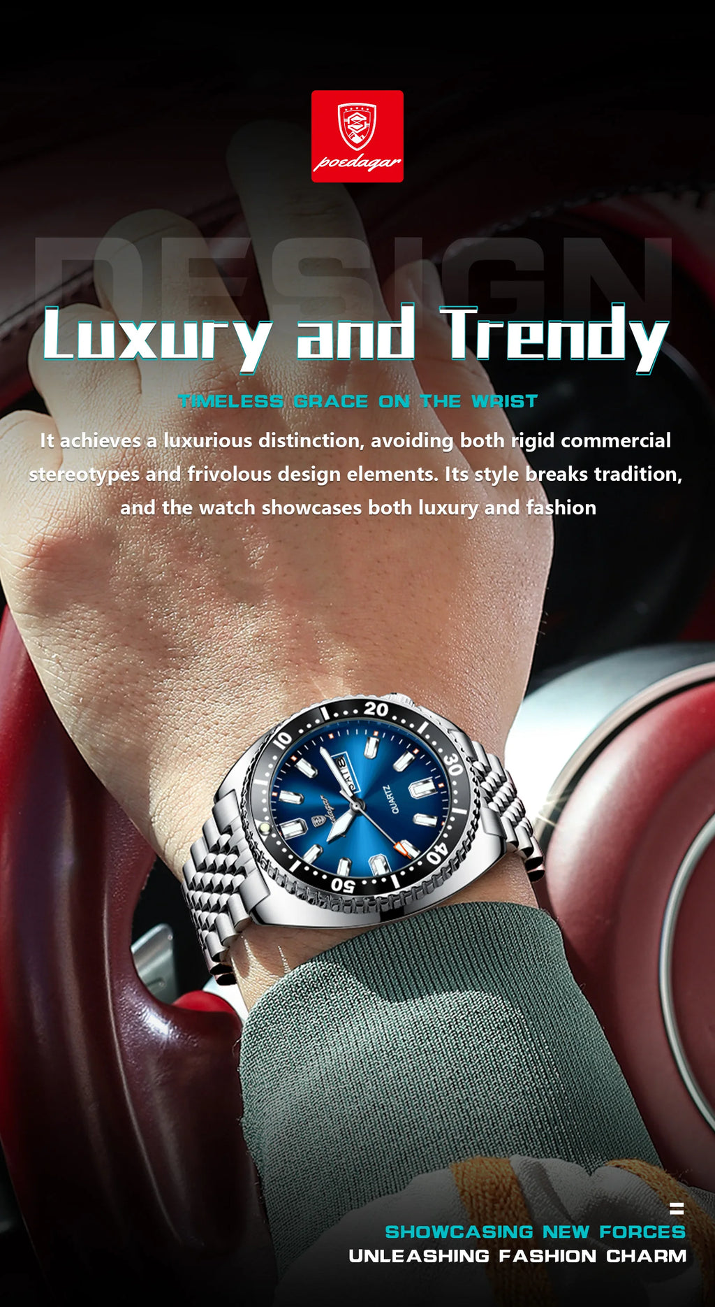 Large Full Calendar Watch – Luminous Numberless Dial with Hidden Clasp Bracelet