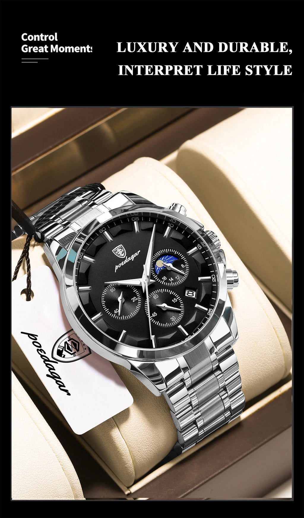 Chronograph Date Watch – Luminous Numberless Dial with Bracelet Clasp
