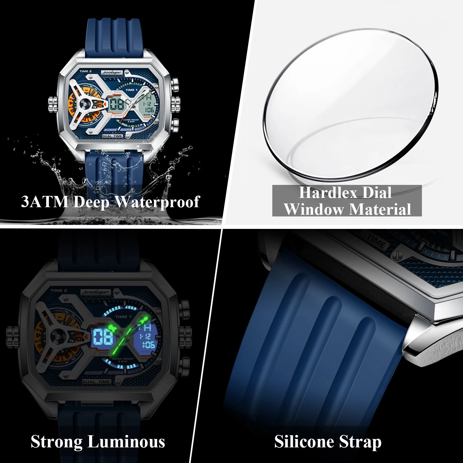 LED Analog-Digital Chronograph Watch – Dual Time & Alarm with Silicone Strap