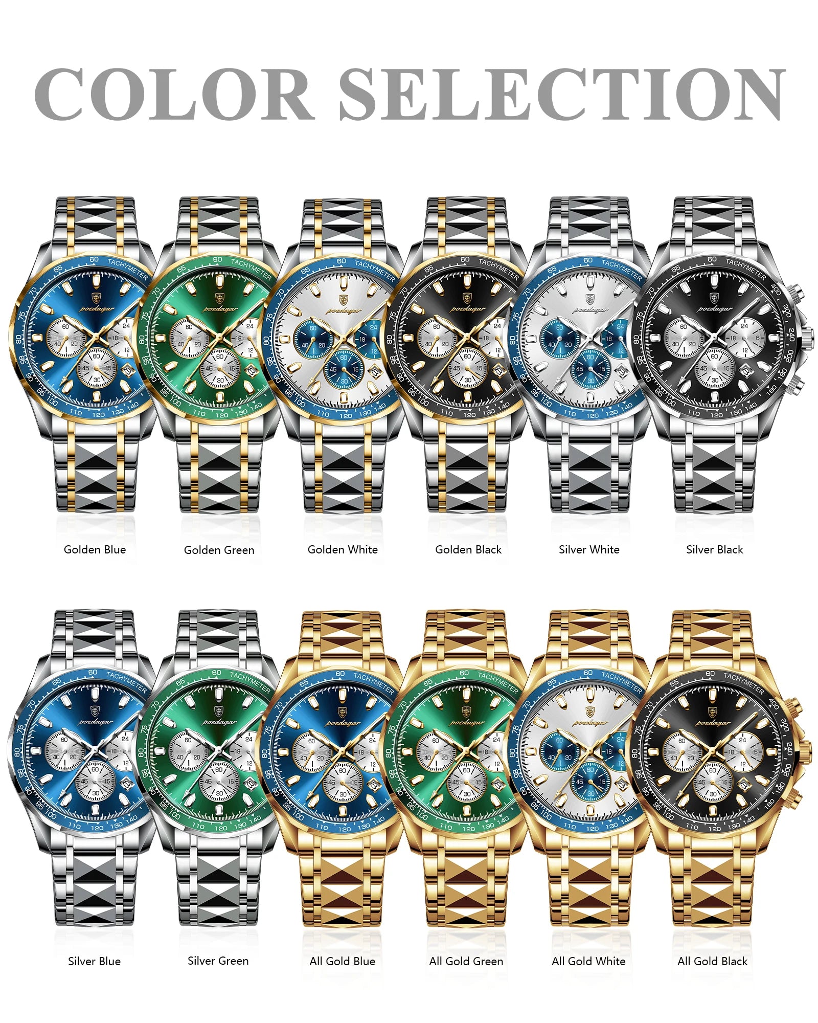 Chronograph Date Watch – Luminous Dial with Hidden Clasp Bracelet