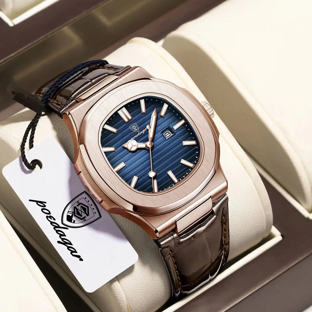 Square Leather Watch – Luminous Dial with Date & Classic Buckle