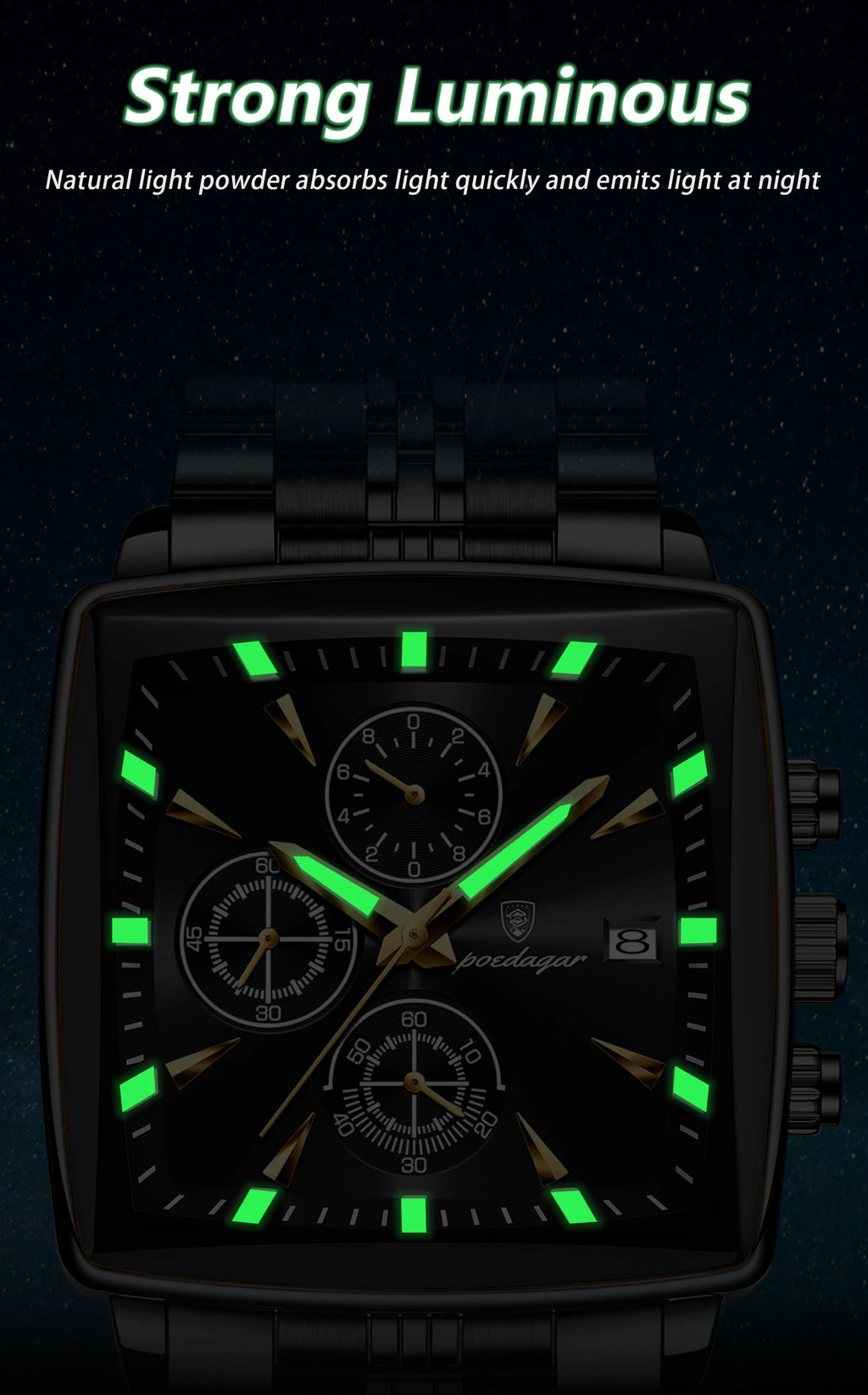 Square Chronograph Watch – Luminous Numberless Dial with Hidden Clasp Bracelet